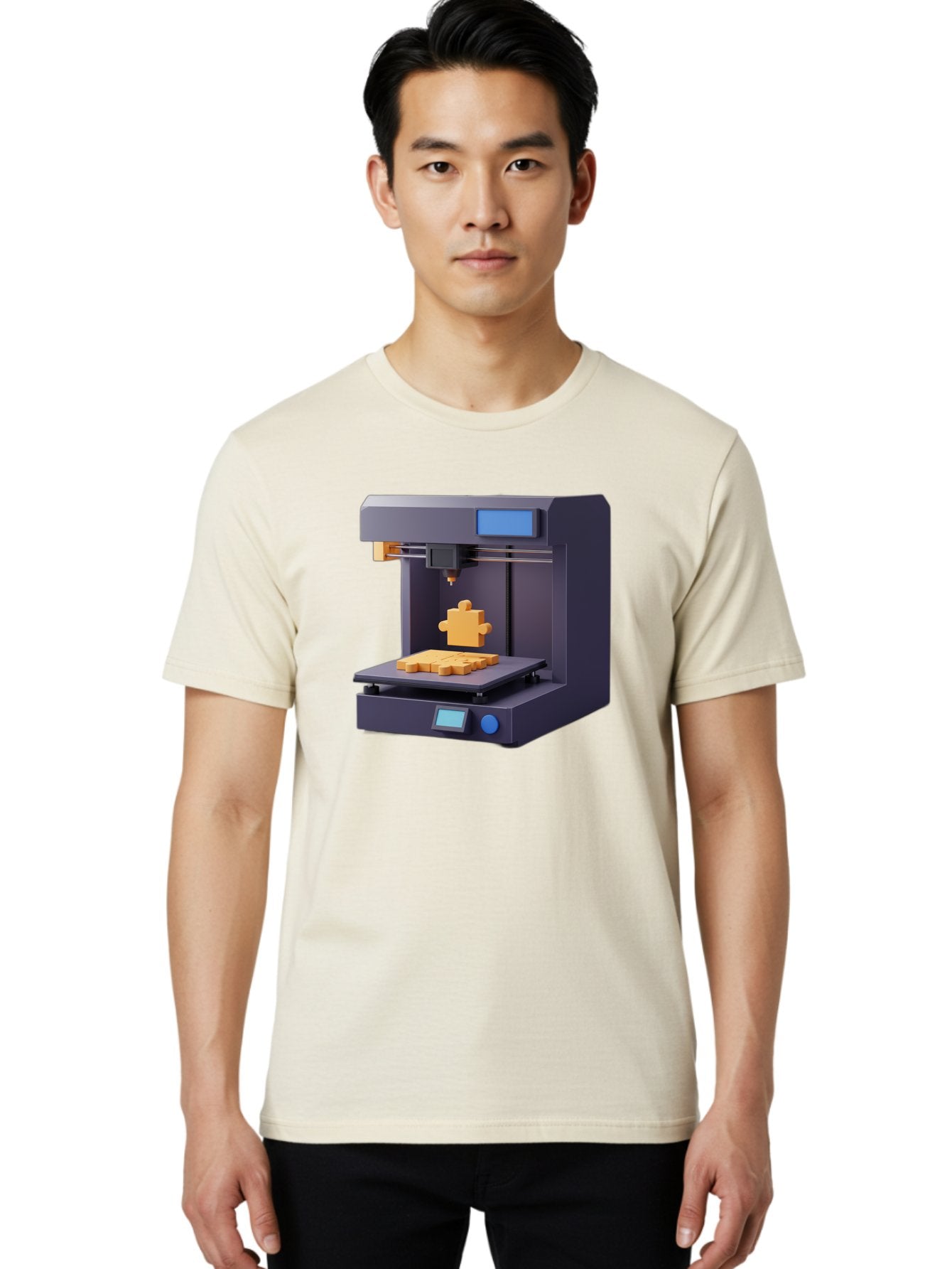 3D-Printer-30 Men'S Graphic Tee, 100% Cotton, Comfortable Casual Summer Wear, Machine Washable, 3D Printing Technology, Additive Manufacturing, Puzzle Piece Being Printed, Modern Machinery, Digital Fabrication, 3D Modeling, Yellow Plastic, Baa025 23