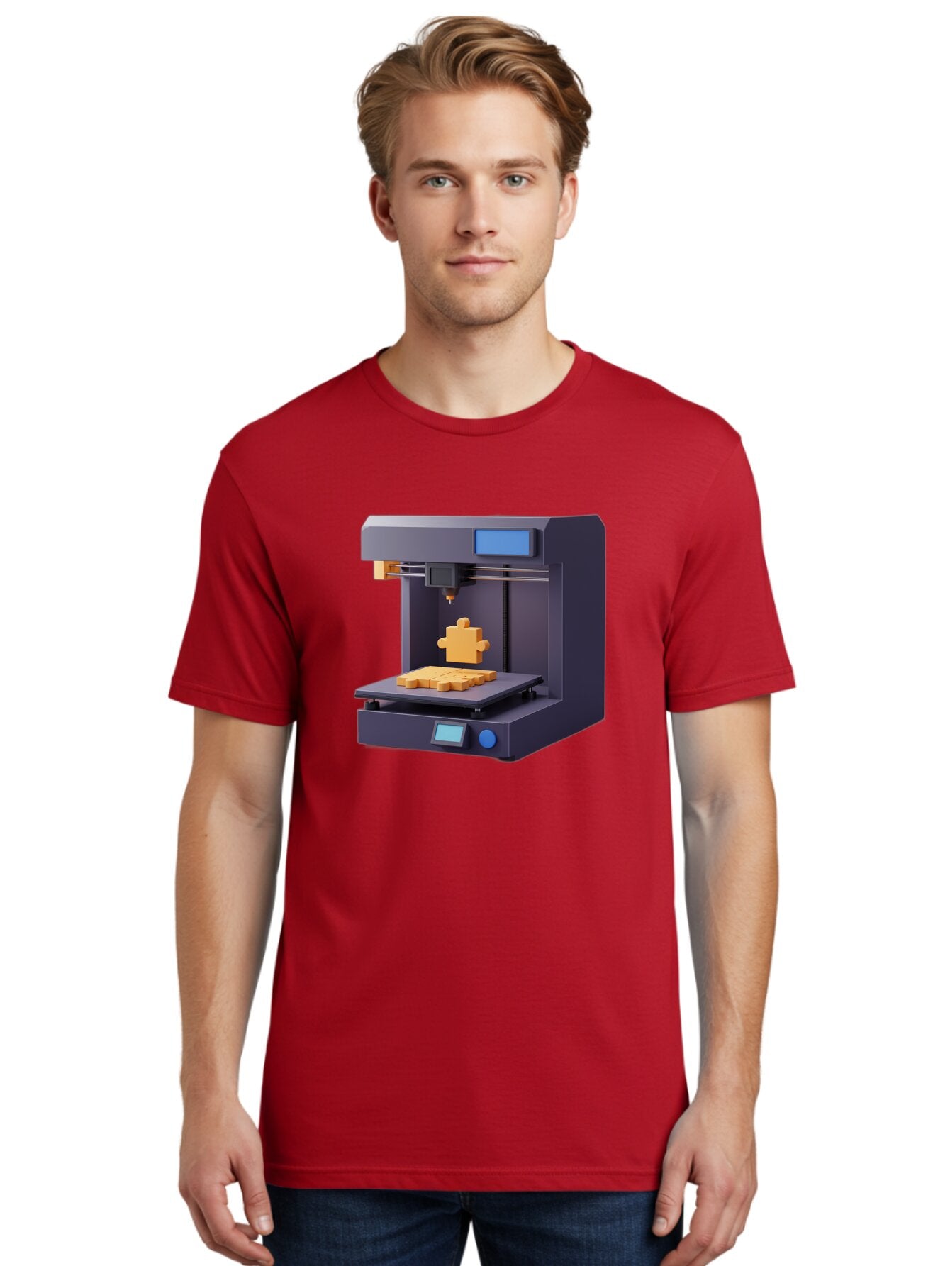 3D-Printer-30 Men'S Graphic Tee, 100% Cotton, Comfortable Casual Summer Wear, Machine Washable, 3D Printing Technology, Additive Manufacturing, Puzzle Piece Being Printed, Modern Machinery, Digital Fabrication, 3D Modeling, Yellow Plastic, Baa025 17