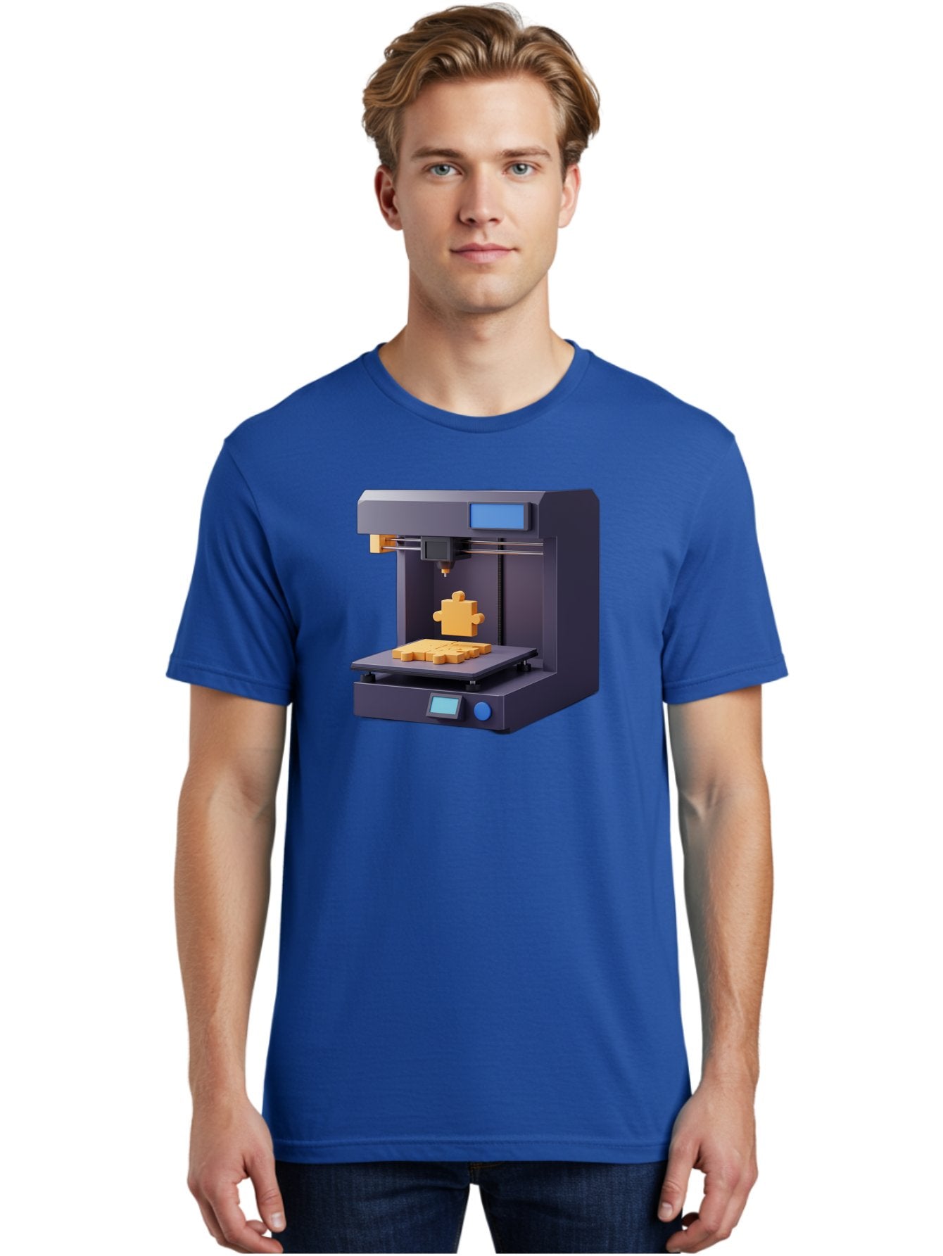 3D-Printer-30 Men'S Graphic Tee, 100% Cotton, Comfortable Casual Summer Wear, Machine Washable, 3D Printing Technology, Additive Manufacturing, Puzzle Piece Being Printed, Modern Machinery, Digital Fabrication, 3D Modeling, Yellow Plastic, Baa025 30