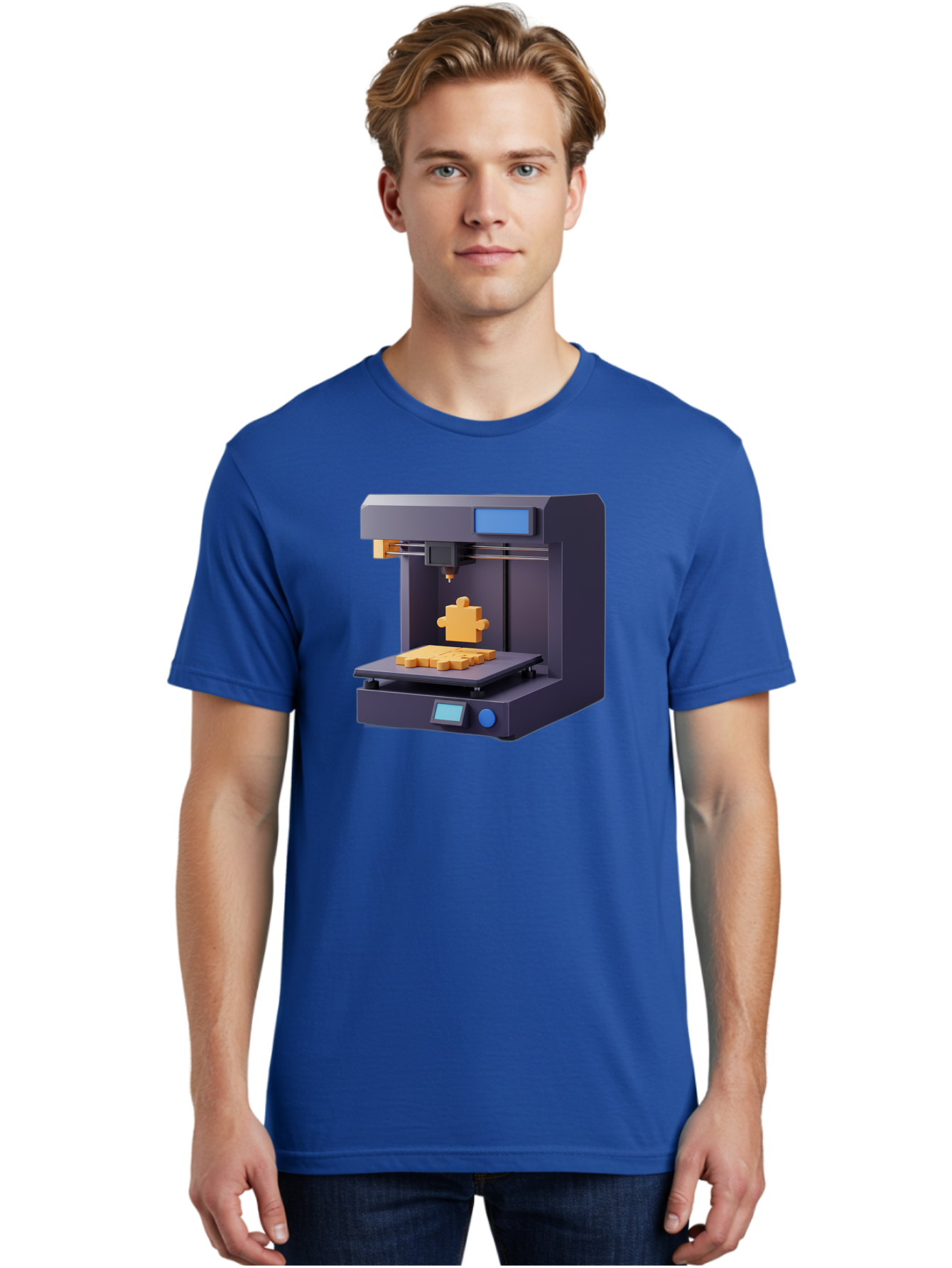 3D-Printer-30 Men'S Graphic Tee, 100% Cotton, Comfortable Casual Summer Wear, Machine Washable, 3D Printing Technology, Additive Manufacturing, Puzzle Piece Being Printed, Modern Machinery, Digital Fabrication, 3D Modeling, Yellow Plastic, Baa025