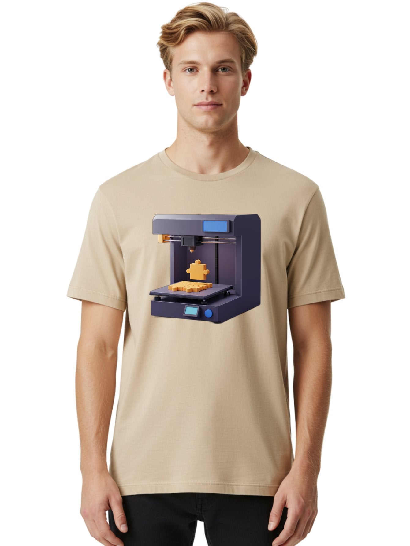 3D-Printer-30 Men'S Graphic Tee, 100% Cotton, Comfortable Casual Summer Wear, Machine Washable, 3D Printing Technology, Additive Manufacturing, Puzzle Piece Being Printed, Modern Machinery, Digital Fabrication, 3D Modeling, Yellow Plastic, Baa025 26