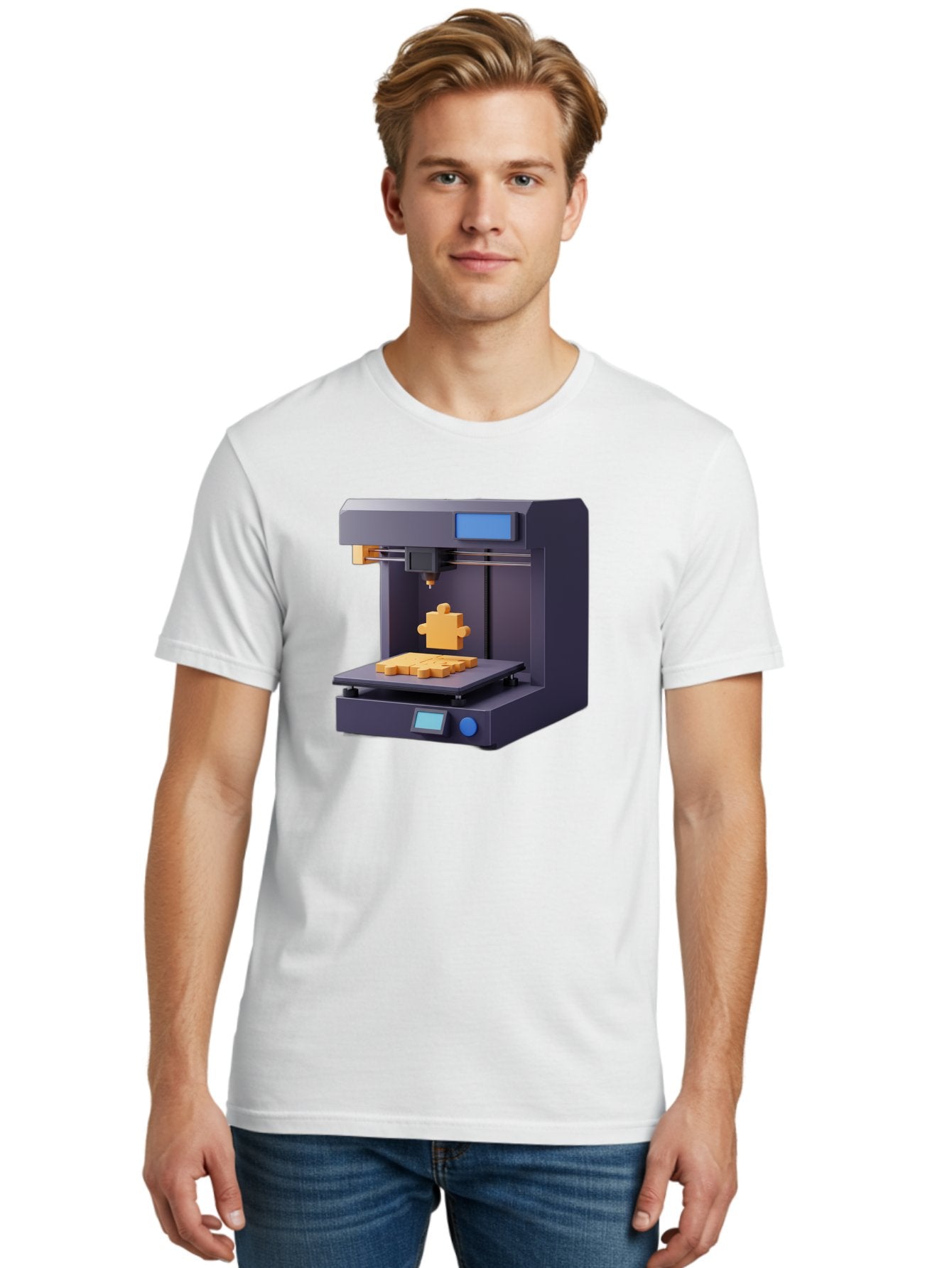 3D-Printer-30 Men'S Graphic Tee, 100% Cotton, Comfortable Casual Summer Wear, Machine Washable, 3D Printing Technology, Additive Manufacturing, Puzzle Piece Being Printed, Modern Machinery, Digital Fabrication, 3D Modeling, Yellow Plastic, Baa025 20