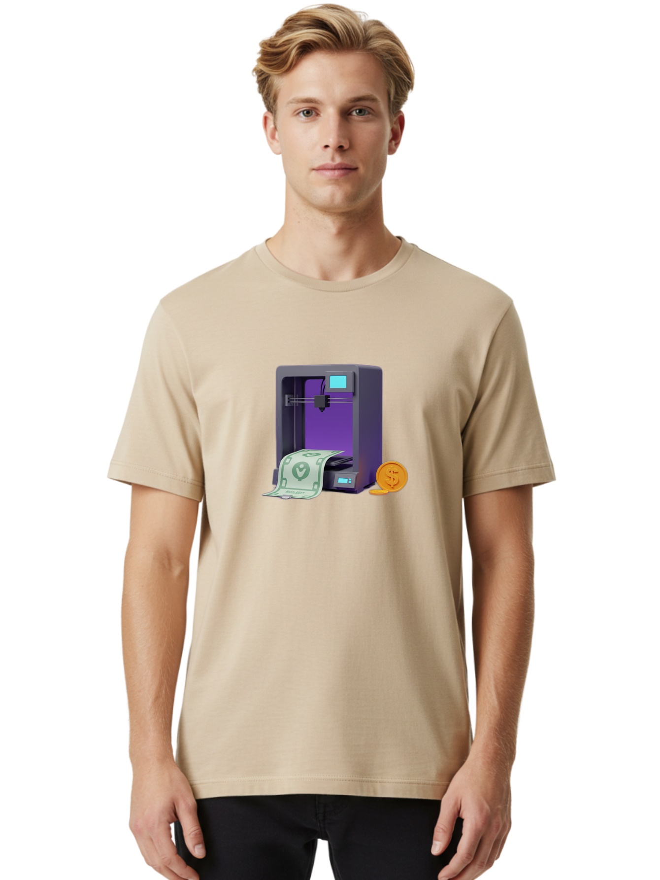 3D-Printer-37 Men'S Graphic Tee, 100% Cotton, Comfortable Casual Summer Wear, Machine Washable, 3D Printing Technology, Money Printing, Dollar Bill, Coins, Financial Gain, Innovative Machinery, Futuristic Design, Cash Generation Baa032