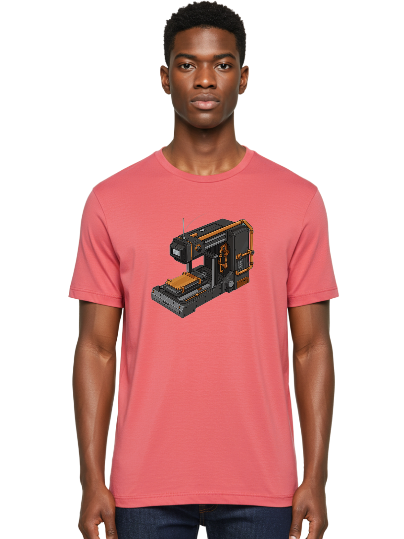 3D-Printer-38 Men'S Graphic Tee, 100% Cotton, Comfortable Casual Summer Wear, Machine Washable, Industrial 3D Printing Technology, Futuristic Manufacturing, Copper Piping, Black Metal Machinery, High-Precision Engineering, Innovative Design, Baa033