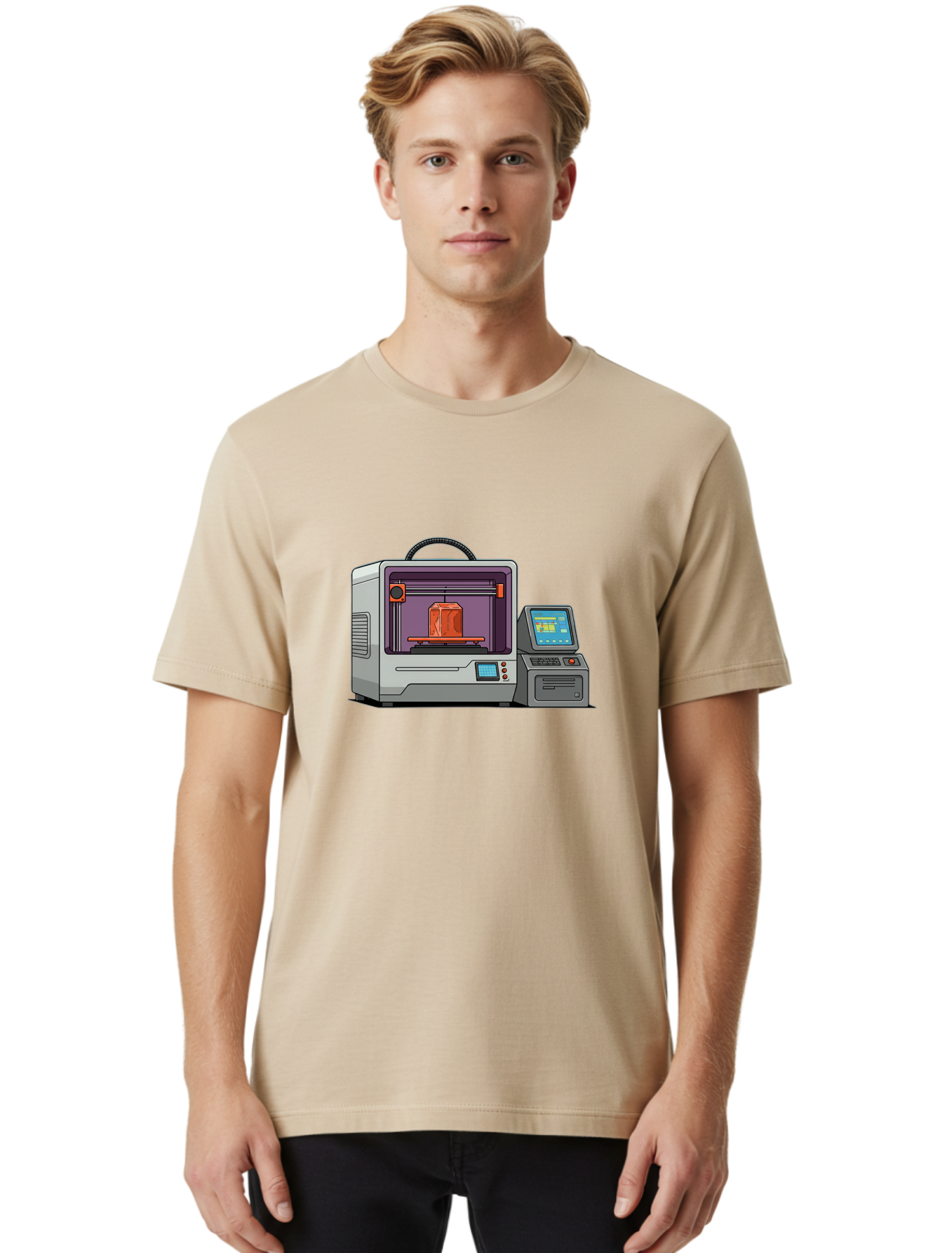 3D-Printer-4 Men'S Graphic Tee, 100% Cotton, Comfortable Casual Summer Wear, Machine Washable, 3D Printing Technology, Additive Manufacturing, Digital Design, Rapid Prototyping, Orange Object, Printer Controls, Digital Display, Baa035