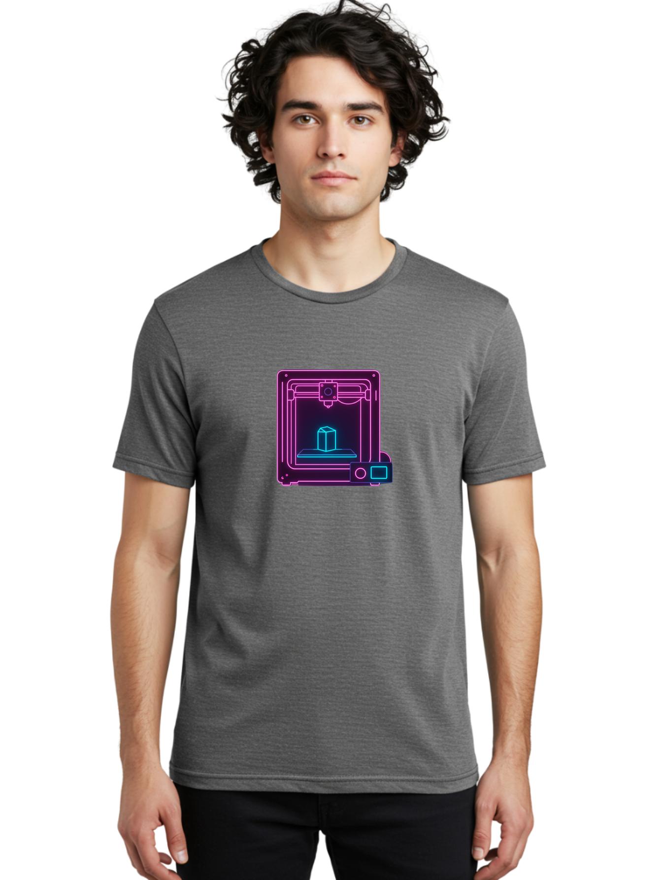 3D-Printer-8 Men'S Graphic Tee, 100% Cotton, Comfortable Casual Summer Wear, Machine Washable, 3D Printing Technology, Additive Manufacturing, Futuristic Design, Neon Lights, Digital Fabrication, Prototype Development, Innovative Product, Baa042
