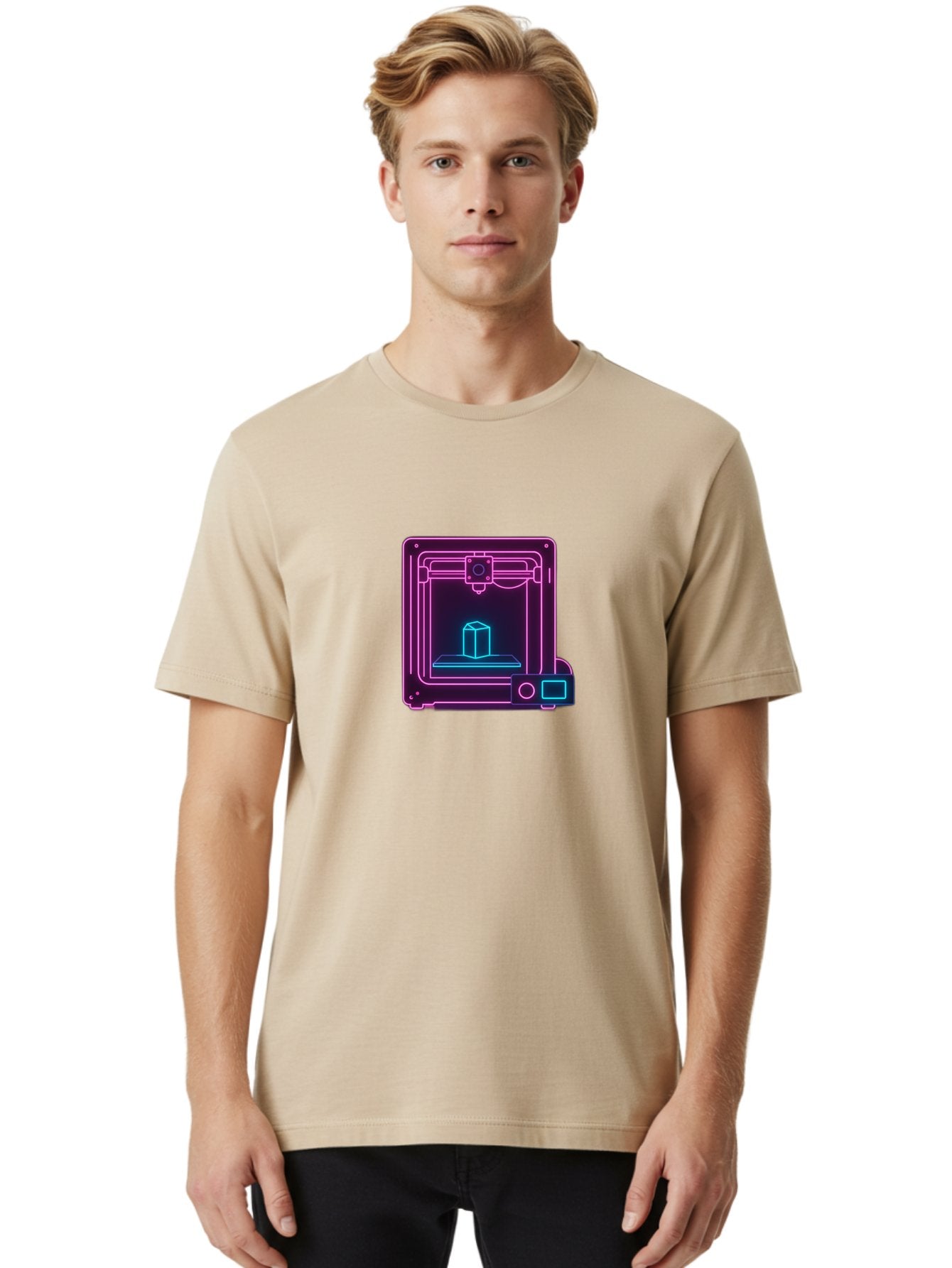 3D-Printer-8 Men'S Graphic Tee, 100% Cotton, Comfortable Casual Summer Wear, Machine Washable, 3D Printing Technology, Additive Manufacturing, Futuristic Design, Neon Lights, Digital Fabrication, Prototype Development, Innovative Product, Baa042 20