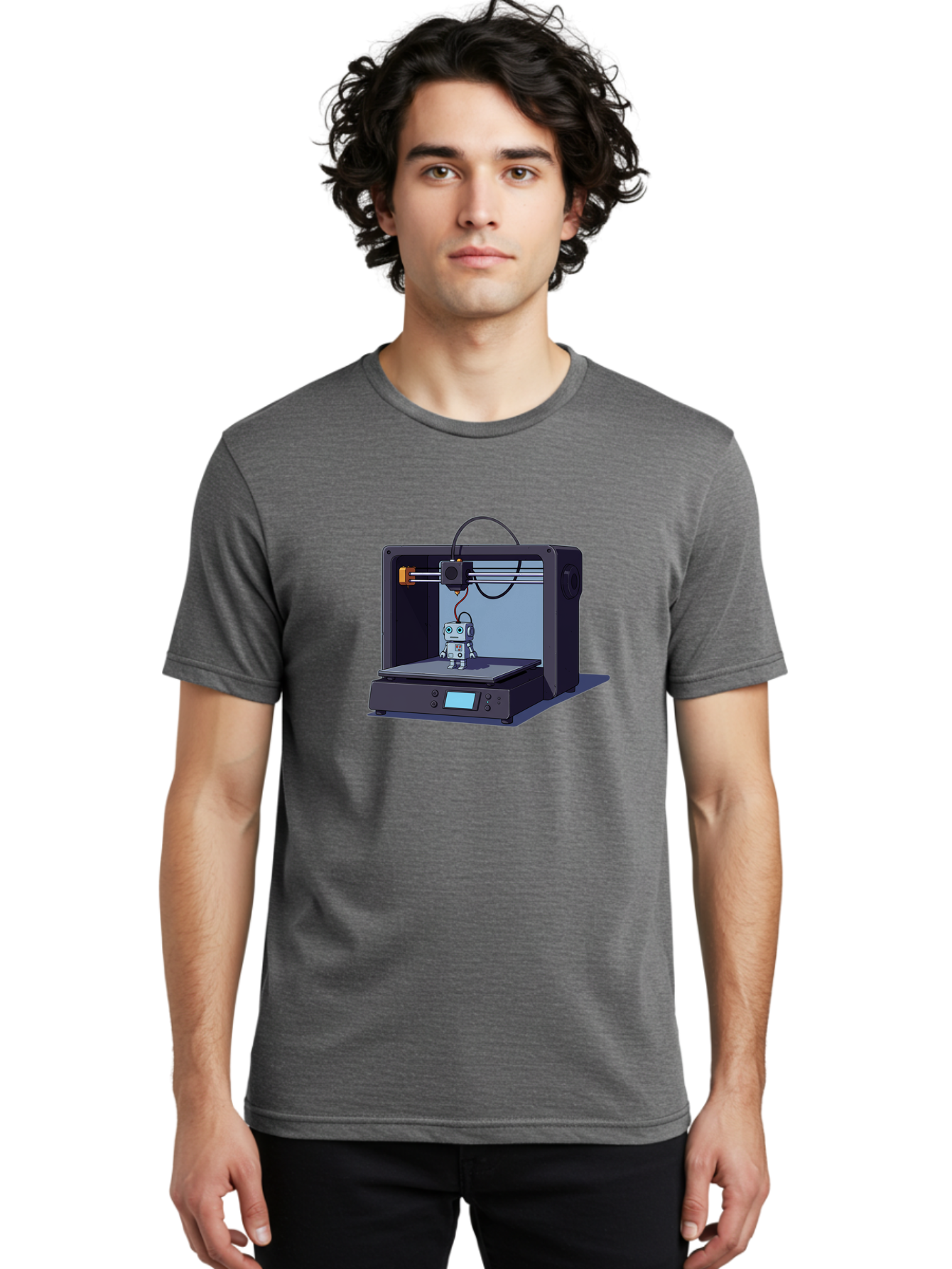 3D-Printer-Robot Men'S Graphic Tee, 100% Cotton, Comfortable Casual Summer Wear, Machine Washable, 3D Printing Technology, Robot Figurine, Digital Fabrication, Additive Manufacturing, Futuristic Design, Robotic Innovation, Modern Machinery Baa048