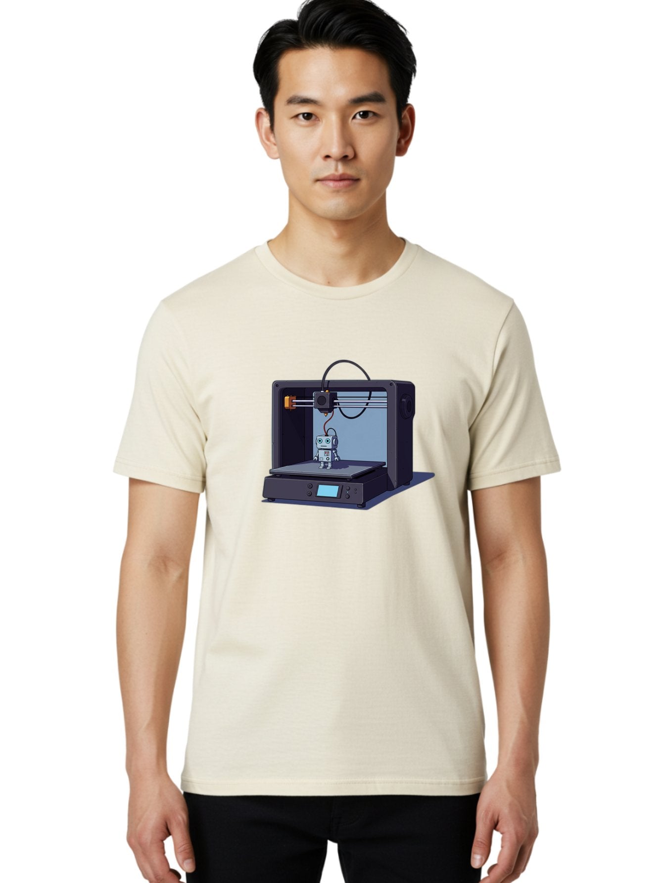 3D-Printer-Robot Men'S Graphic Tee, 100% Cotton, Comfortable Casual Summer Wear, Machine Washable, 3D Printing Technology, Robot Figurine, Digital Fabrication, Additive Manufacturing, Futuristic Design, Robotic Innovation, Modern Machinery Baa048 27