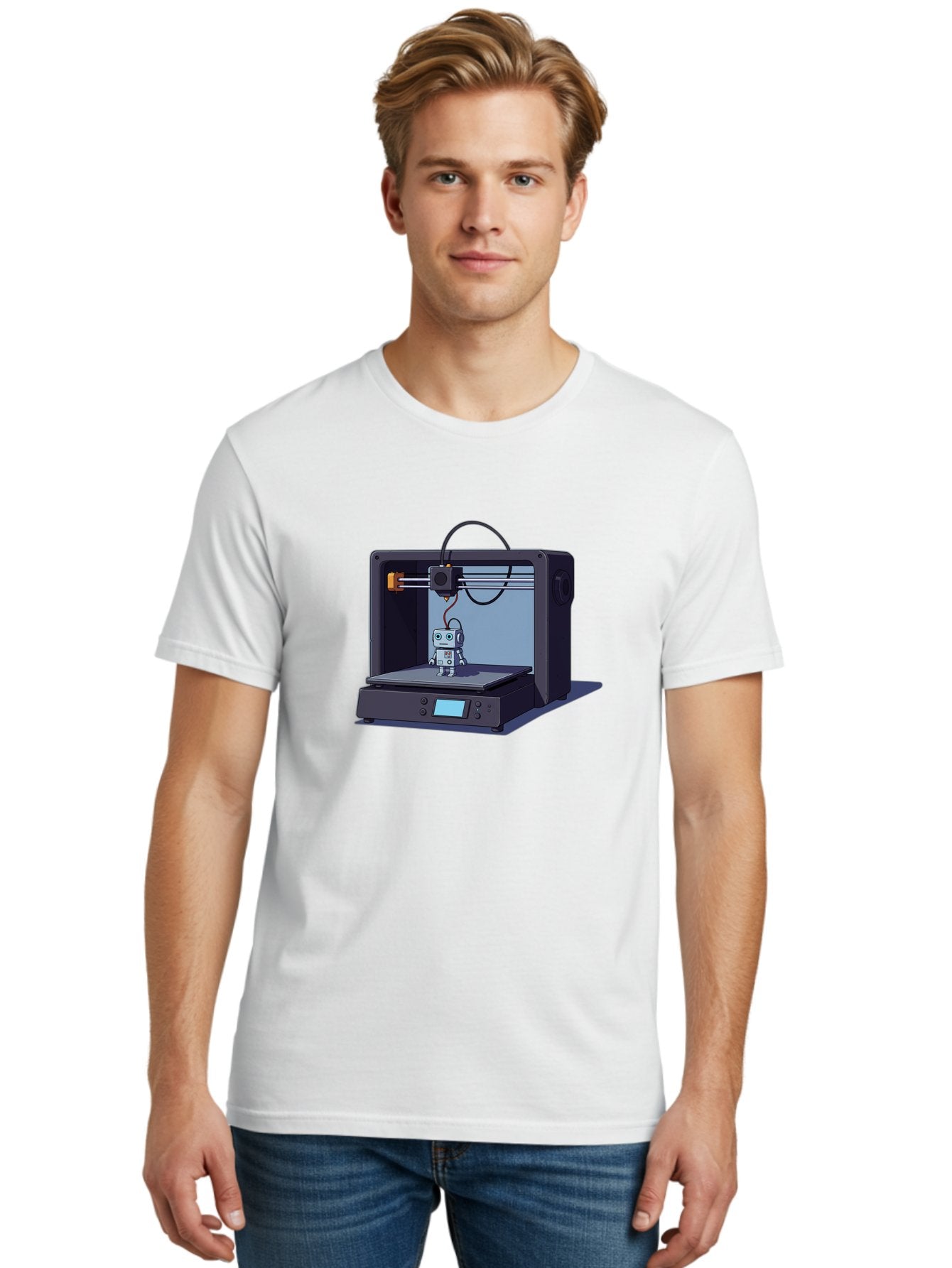 3D-Printer-Robot Men'S Graphic Tee, 100% Cotton, Comfortable Casual Summer Wear, Machine Washable, 3D Printing Technology, Robot Figurine, Digital Fabrication, Additive Manufacturing, Futuristic Design, Robotic Innovation, Modern Machinery Baa048 24