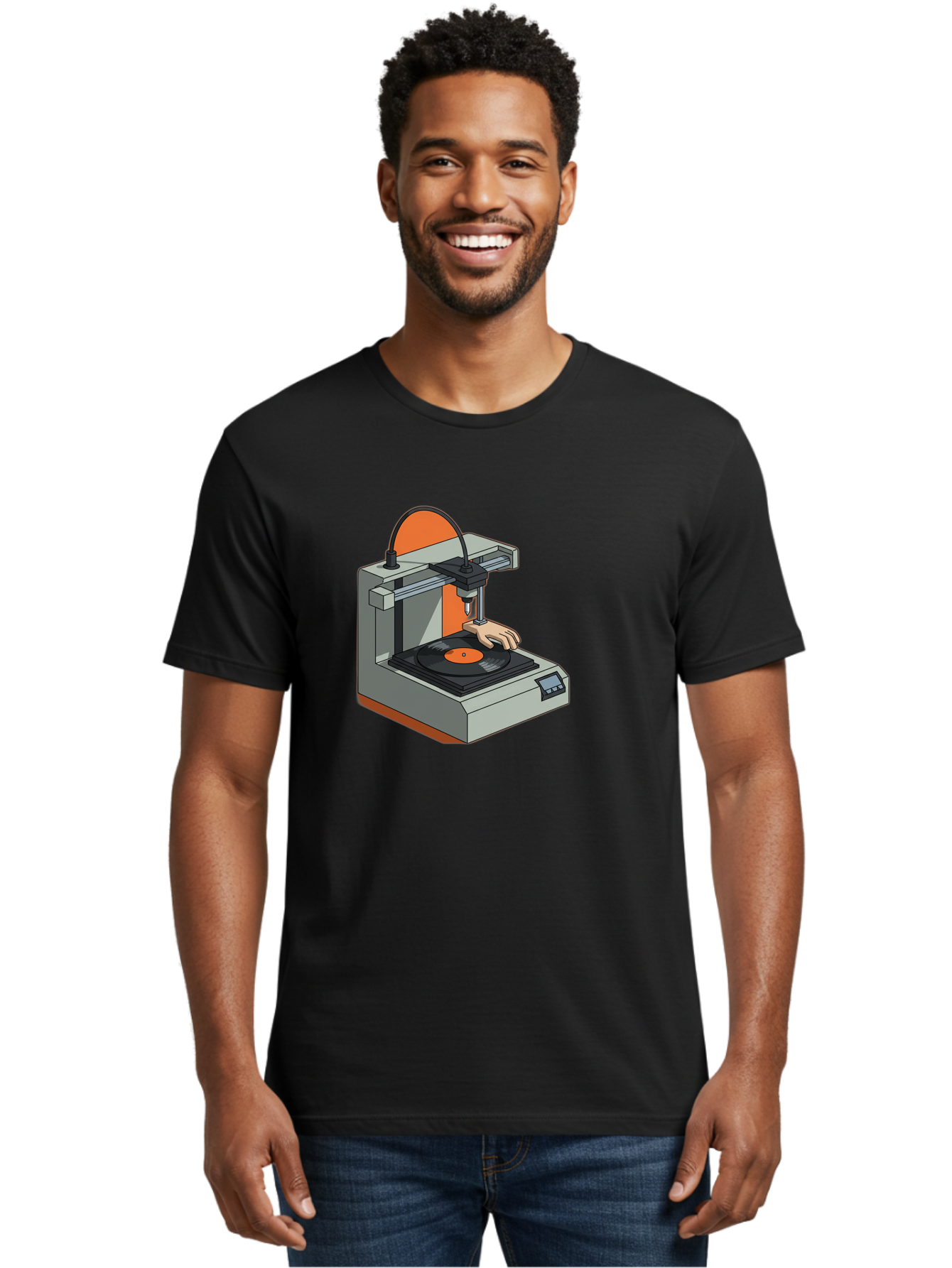 3D-Printer-Vinyl-Record Men'S Graphic Tee, 100% Cotton, Comfortable Casual Summer Wear, Machine Washable, 3D Printing Technology, Vinyl Record Production, Innovative Manufacturing, Creative Design, Futuristic Machinery, Digital Fabrication, Baa049