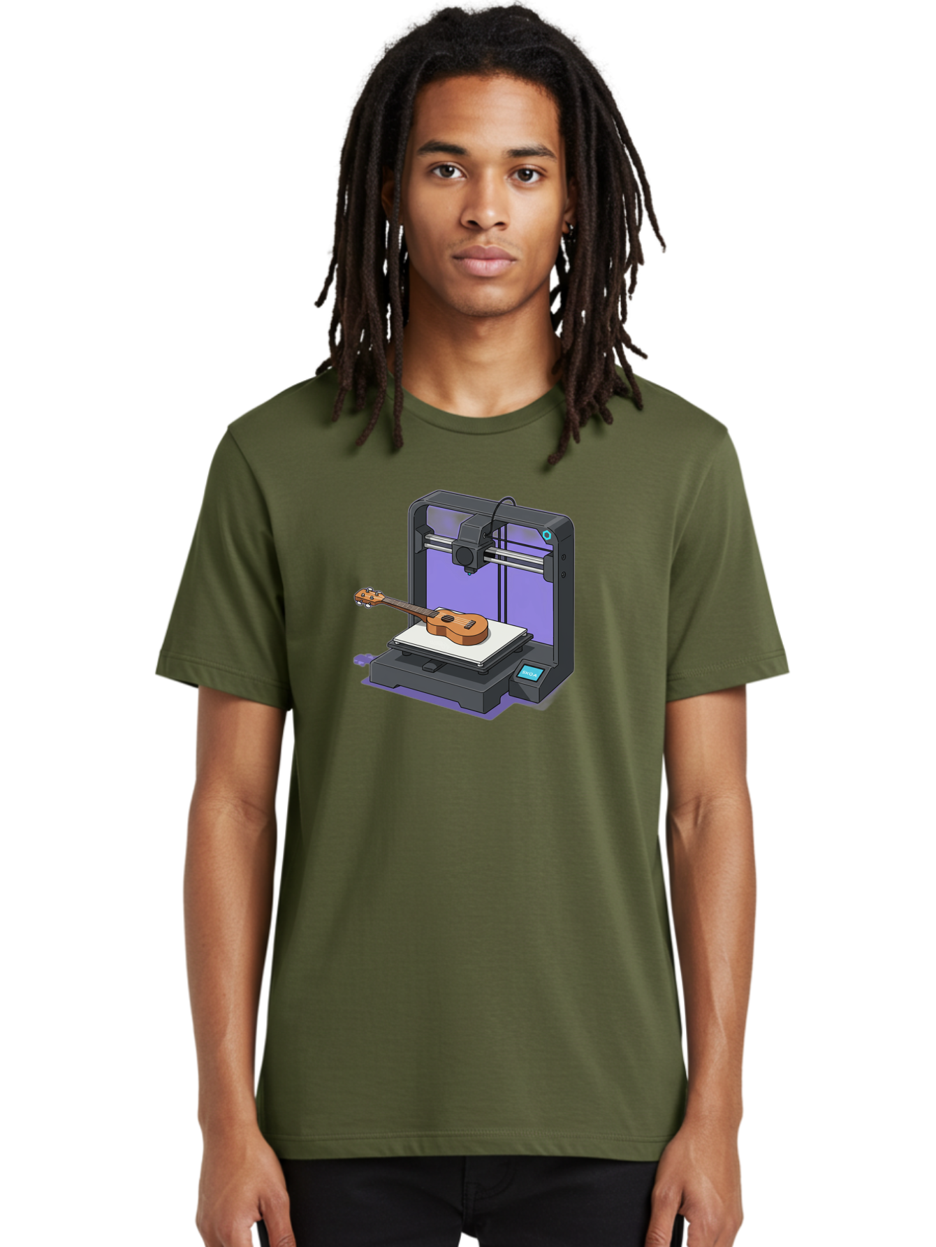 3D-Printer-With-Ukulele Men'S Graphic Tee, 100% Cotton, Comfortable Casual Summer Wear, Machine Washable, 3D Printing Technology, Ukulele Manufacturing, Customized Instruments, Innovative Design, Digital Fabrication, Musical Instruments, Baa051 4