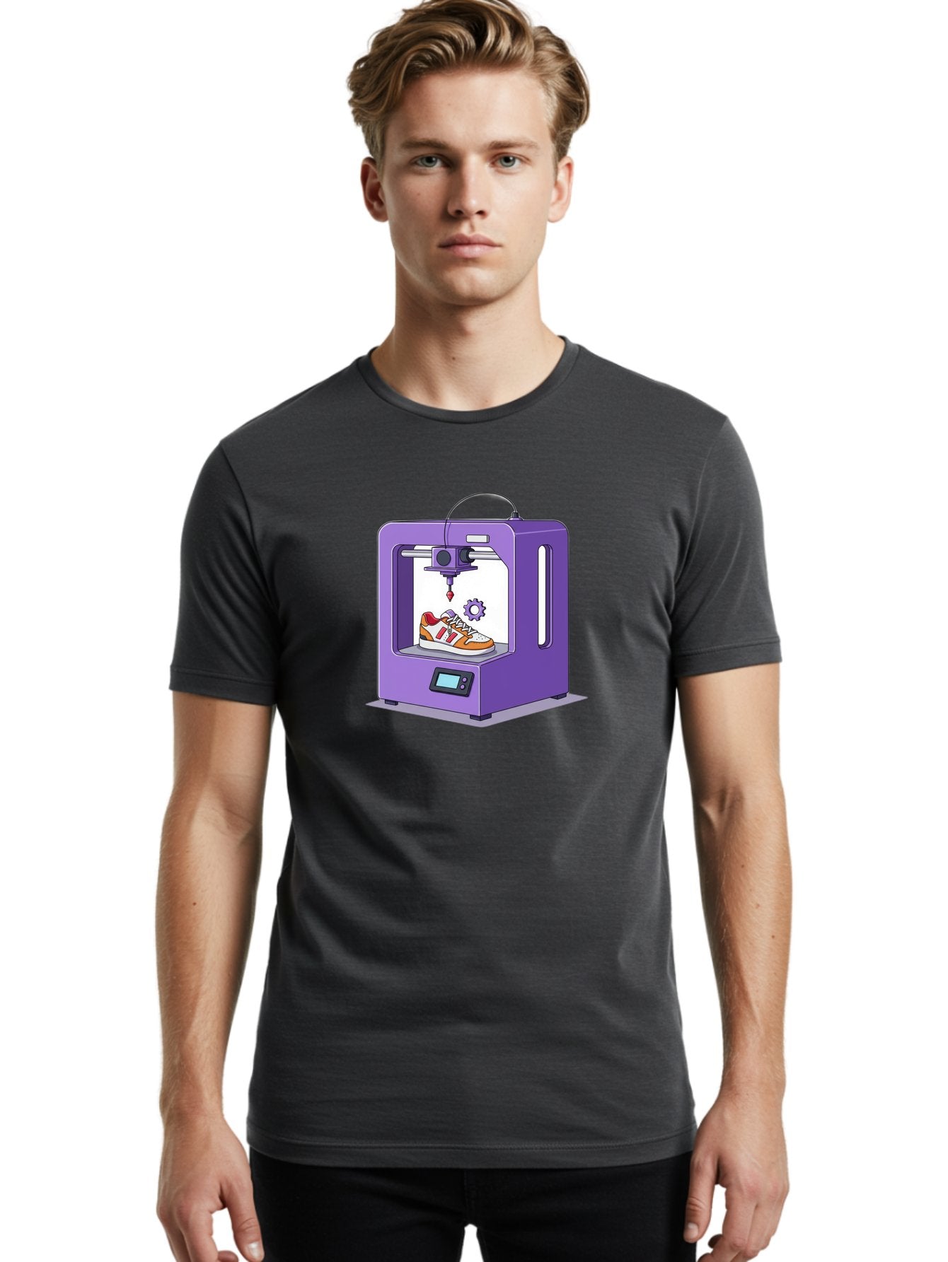 3D-Printing-Sneaker Men'S Graphic Tee, 100% Cotton, Comfortable Casual Summer Wear, Machine Washable, 3D Printing Technology, Futuristic Design, Customizable Shoes, Modern Manufacturing, Additive Manufacturing, Orange And White Sneakers, Baa053 26
