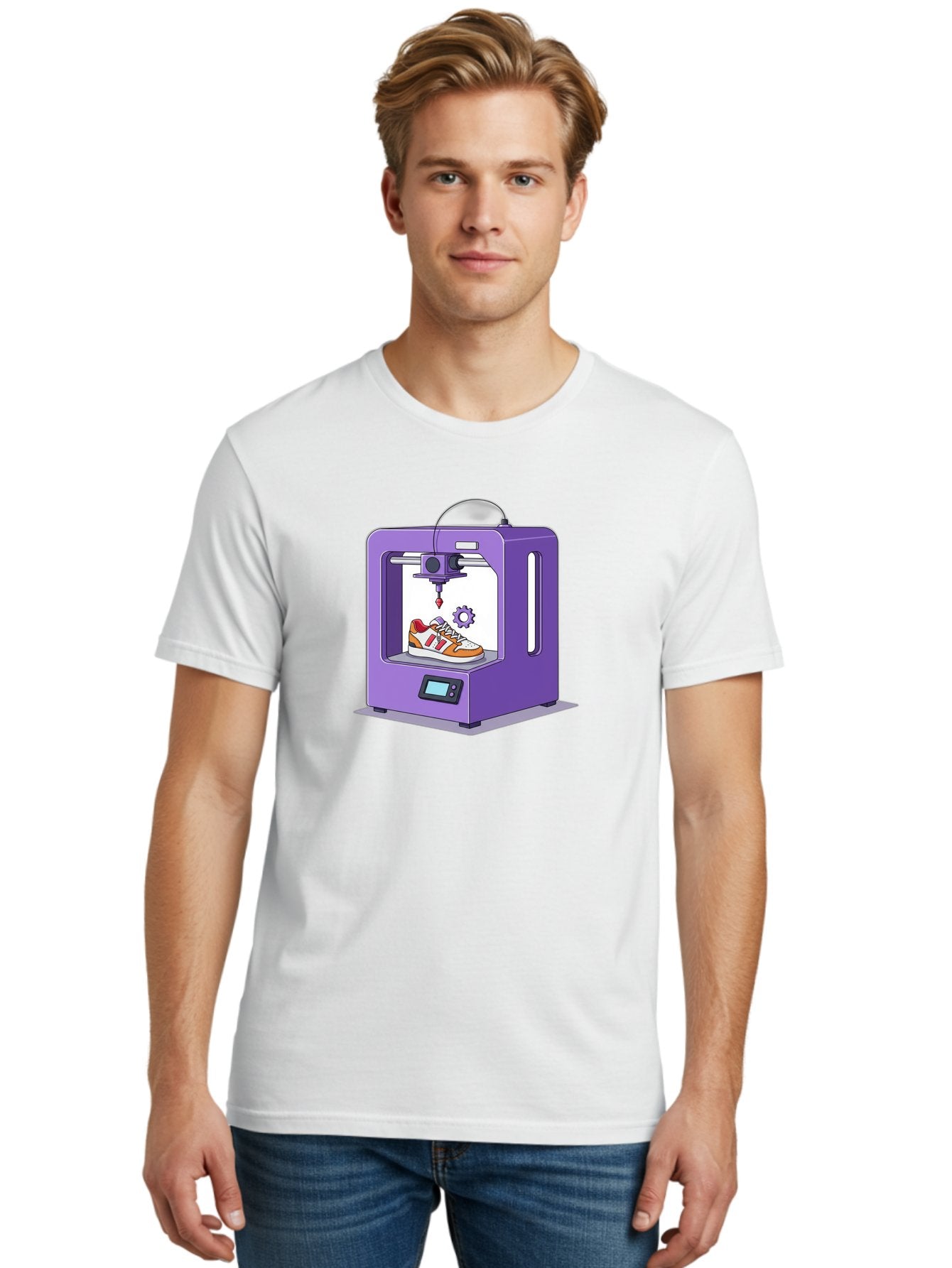 3D-Printing-Sneaker Men'S Graphic Tee, 100% Cotton, Comfortable Casual Summer Wear, Machine Washable, 3D Printing Technology, Futuristic Design, Customizable Shoes, Modern Manufacturing, Additive Manufacturing, Orange And White Sneakers, Baa053 30