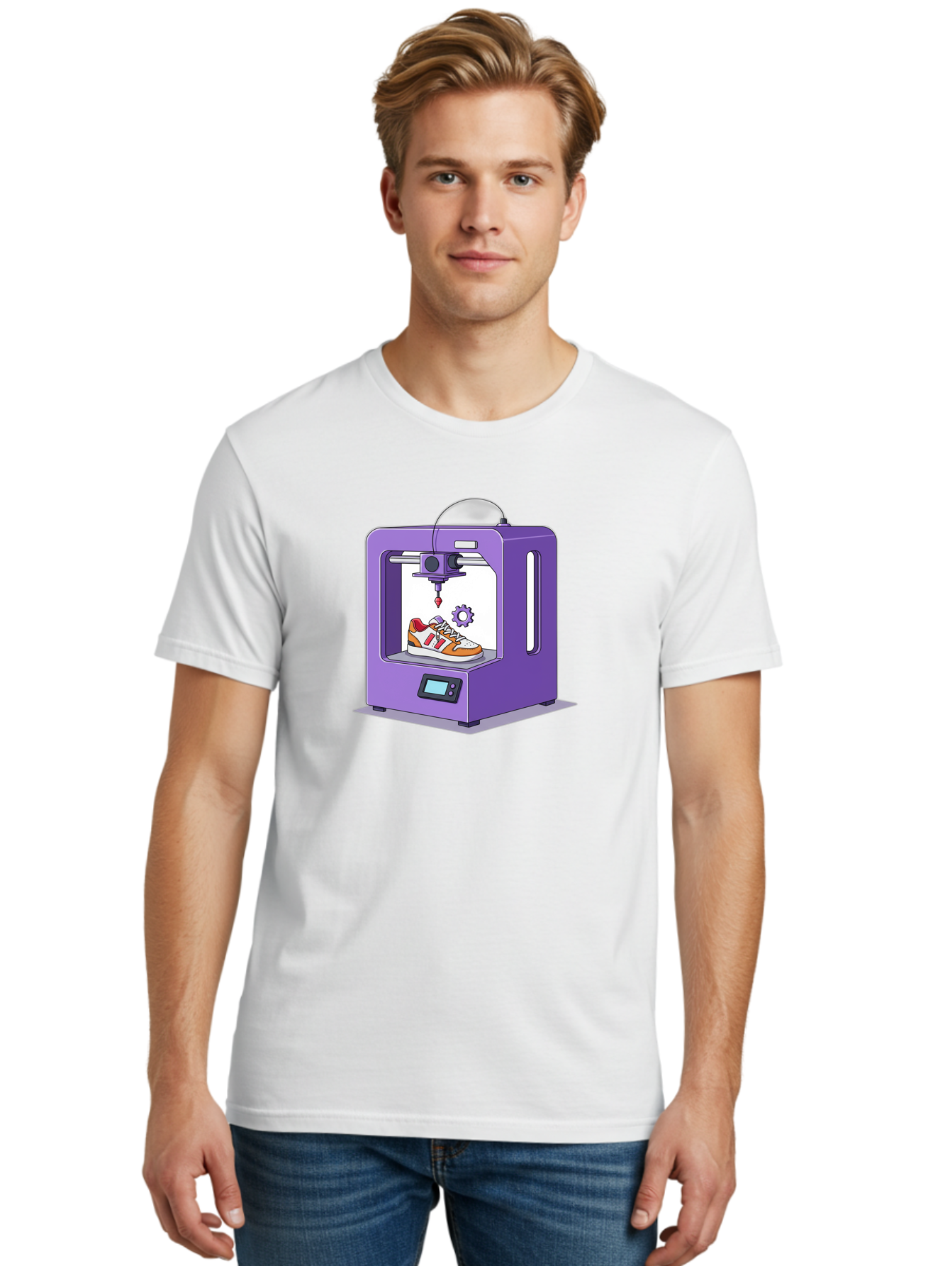 3D-Printing-Sneaker Men'S Graphic Tee, 100% Cotton, Comfortable Casual Summer Wear, Machine Washable, 3D Printing Technology, Futuristic Design, Customizable Shoes, Modern Manufacturing, Additive Manufacturing, Orange And White Sneakers, Baa053