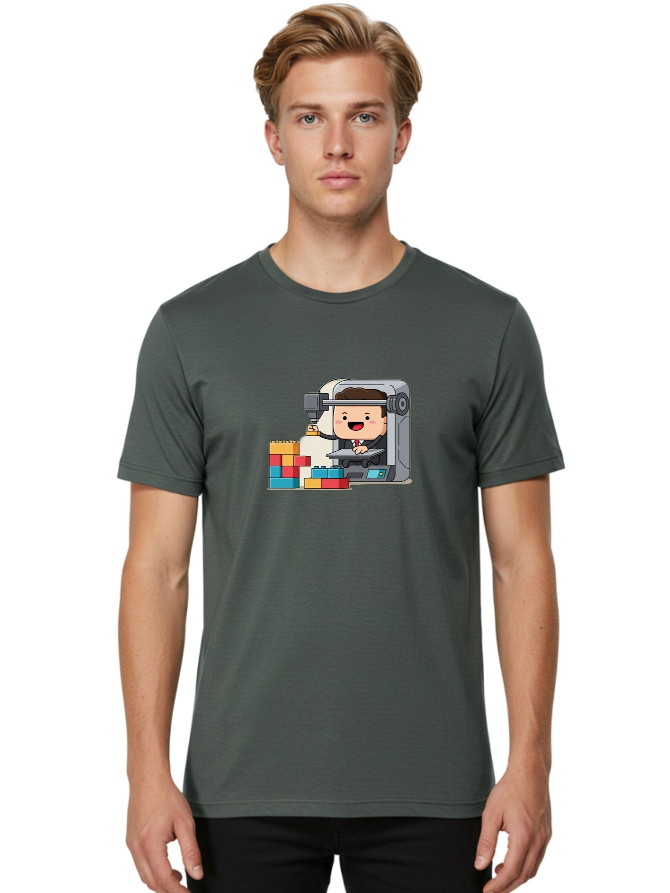 3D-Printing Men'S Graphic Tee, 100% Cotton, Comfortable Casual Summer Wear, Machine Washable, 3D Printing Technology, Additive Manufacturing, Businessman Operating Printer, Colorful Blocks, Construction, Innovation, Rapid Prototyping, Baa054 22
