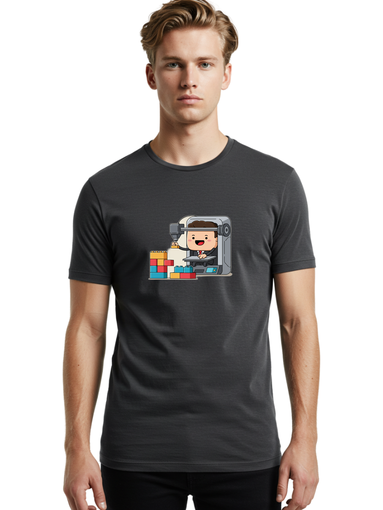 3D-Printing Men'S Graphic Tee, 100% Cotton, Comfortable Casual Summer Wear, Machine Washable, 3D Printing Technology, Additive Manufacturing, Businessman Operating Printer, Colorful Blocks, Construction, Innovation, Rapid Prototyping, Baa054