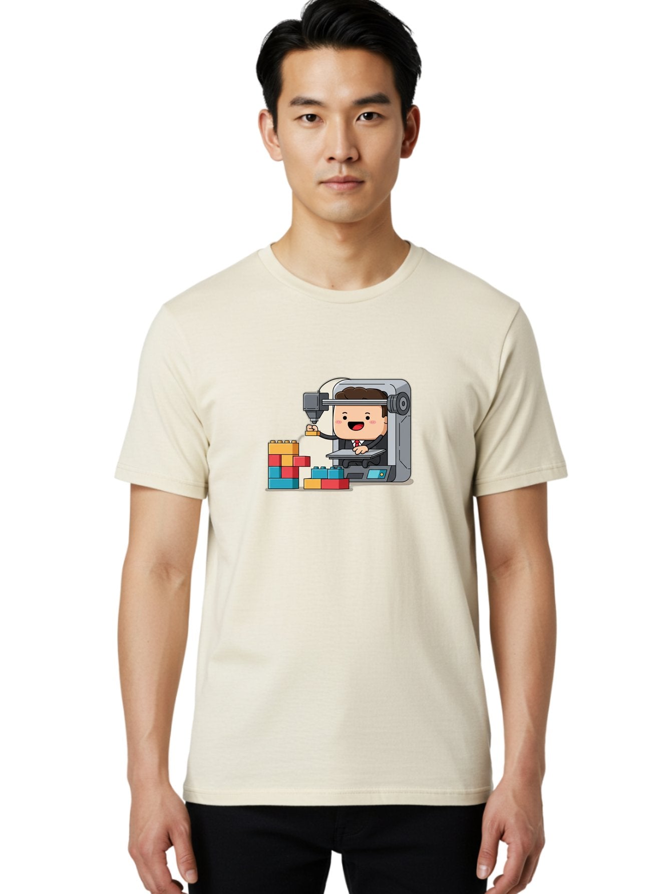 3D-Printing Men'S Graphic Tee, 100% Cotton, Comfortable Casual Summer Wear, Machine Washable, 3D Printing Technology, Additive Manufacturing, Businessman Operating Printer, Colorful Blocks, Construction, Innovation, Rapid Prototyping, Baa054 23