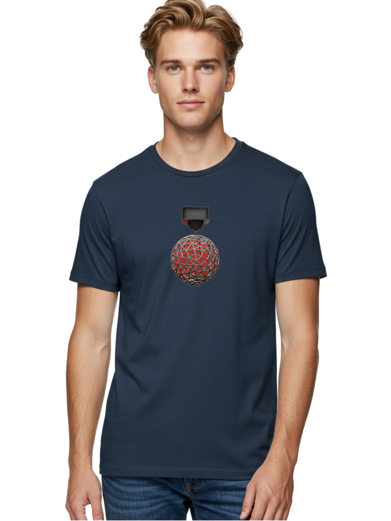 3D-Scanner Men'S Graphic Tee, 100% Cotton, Comfortable Casual Summer Wear, Machine Washable, 3D Scanning Technology, Digital Rendering, Geometric Shapes, Red Sphere, Metallic Framework, Futuristic Design, Precision Engineering, Baa055 26