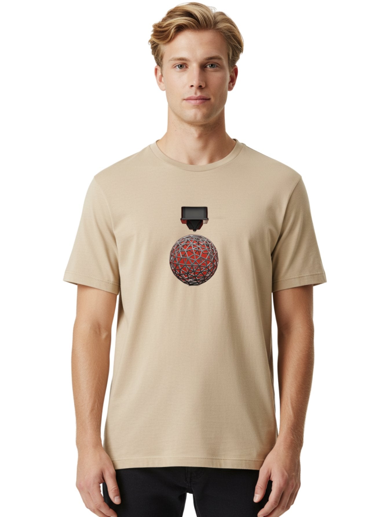 3D-Scanner Men'S Graphic Tee, 100% Cotton, Comfortable Casual Summer Wear, Machine Washable, 3D Scanning Technology, Digital Rendering, Geometric Shapes, Red Sphere, Metallic Framework, Futuristic Design, Precision Engineering, Baa055 23