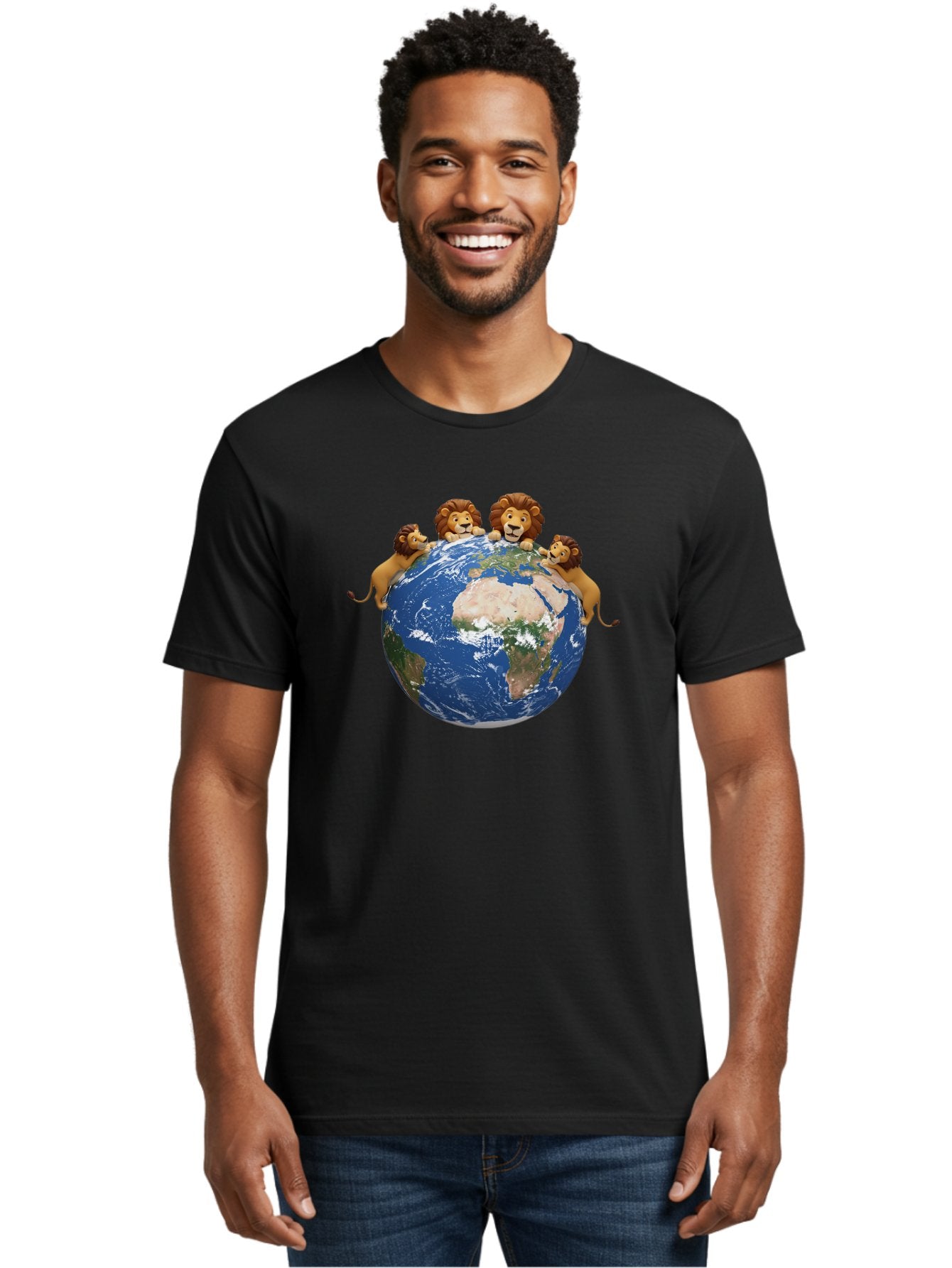 4-Lions-Holding-Globe Men'S Graphic Tee, 100% Cotton, Comfortable Casual Summer Wear, Machine Washable, Lions Holding The World, Global Unity, Conservation Efforts, Wildlife Protection, Earth, Lions Together, Global Awareness Baa056 28