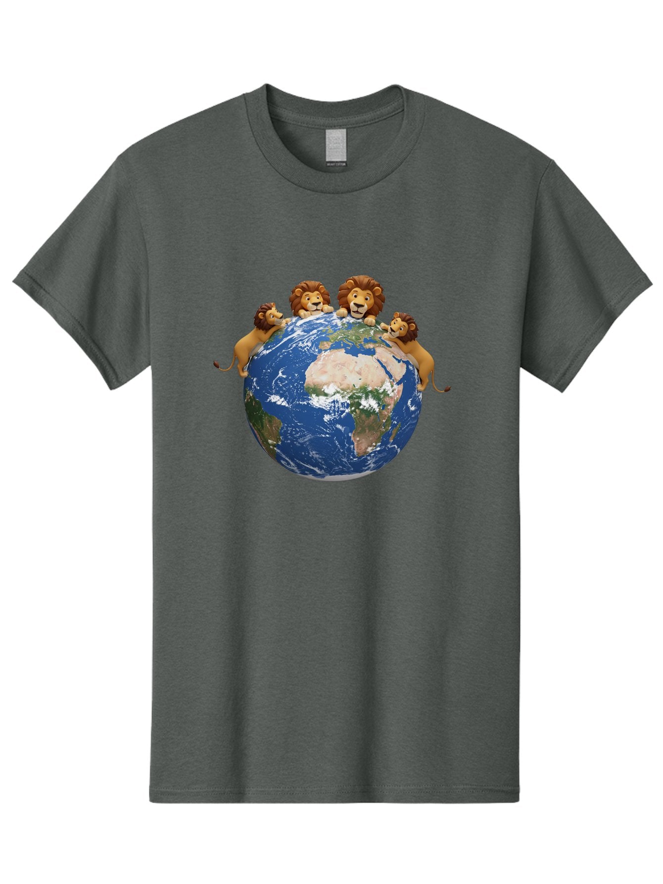 4-Lions-Holding-Globe Men'S Graphic Tee, 100% Cotton, Comfortable Casual Summer Wear, Machine Washable, Lions Holding The World, Global Unity, Conservation Efforts, Wildlife Protection, Earth, Lions Together, Global Awareness Baa056
