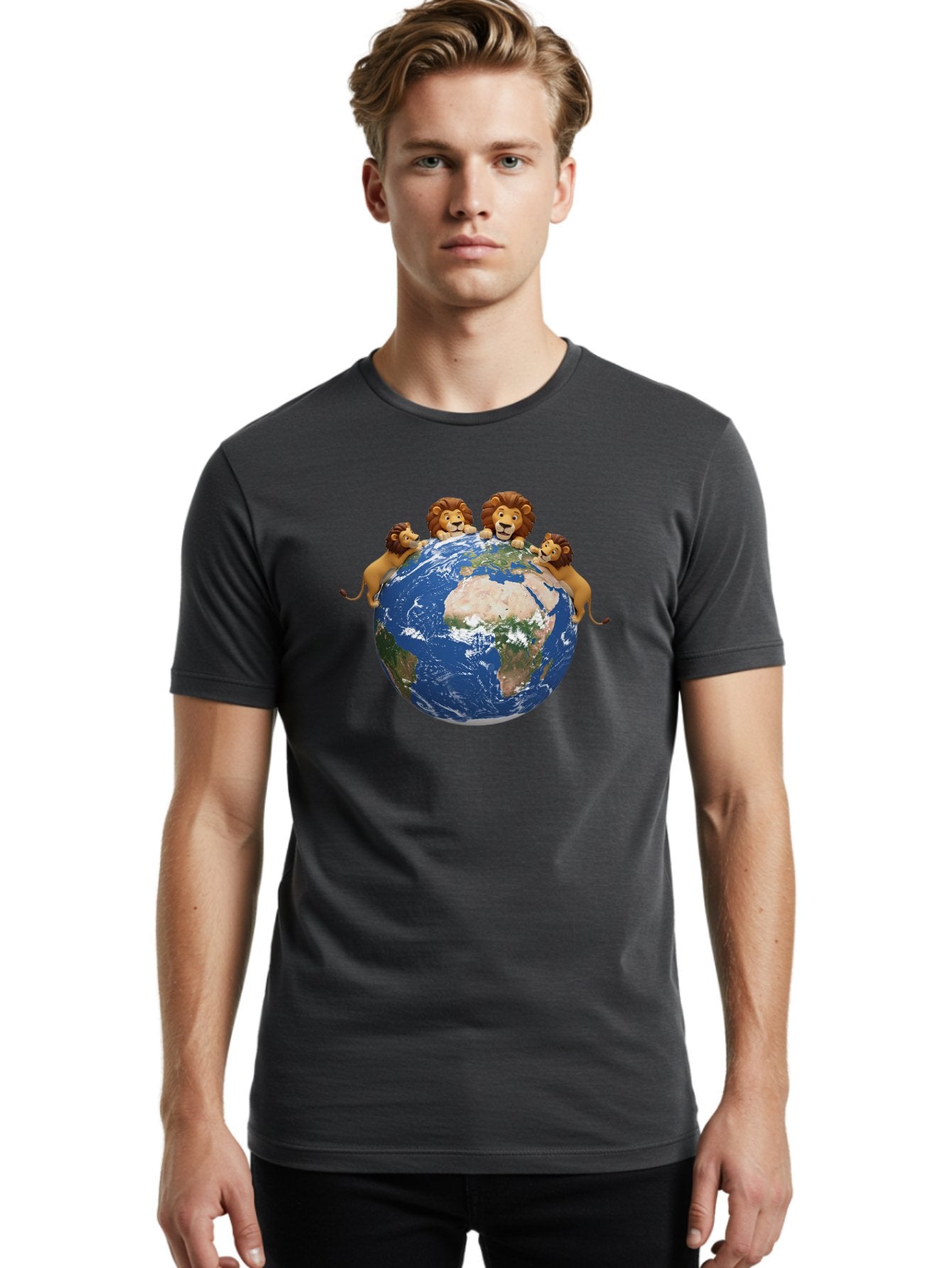 4-Lions-Holding-Globe Men'S Graphic Tee, 100% Cotton, Comfortable Casual Summer Wear, Machine Washable, Lions Holding The World, Global Unity, Conservation Efforts, Wildlife Protection, Earth, Lions Together, Global Awareness Baa056 20