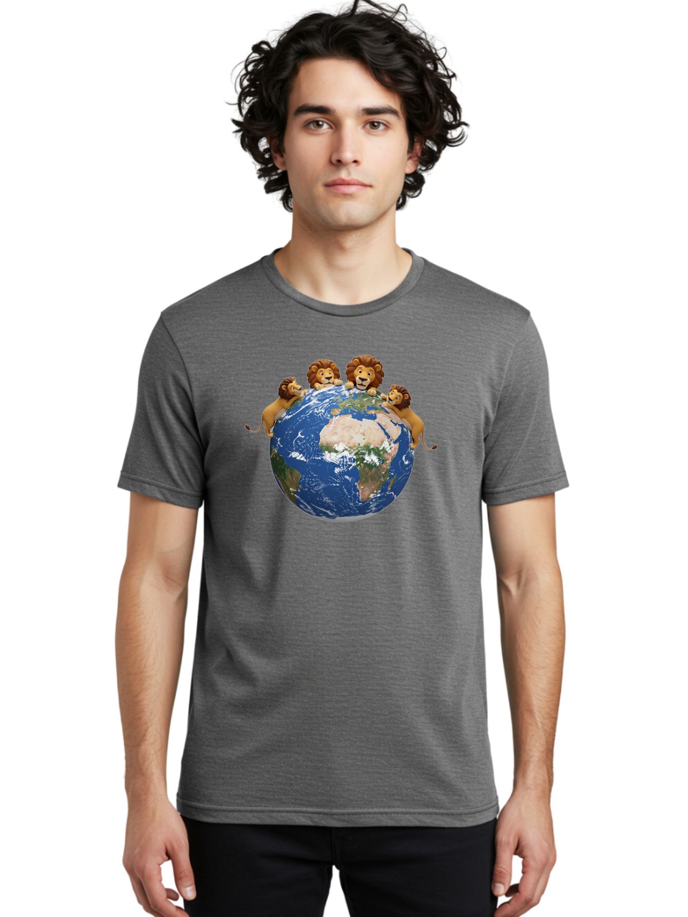 4-Lions-Holding-Globe Men'S Graphic Tee, 100% Cotton, Comfortable Casual Summer Wear, Machine Washable, Lions Holding The World, Global Unity, Conservation Efforts, Wildlife Protection, Earth, Lions Together, Global Awareness Baa056
