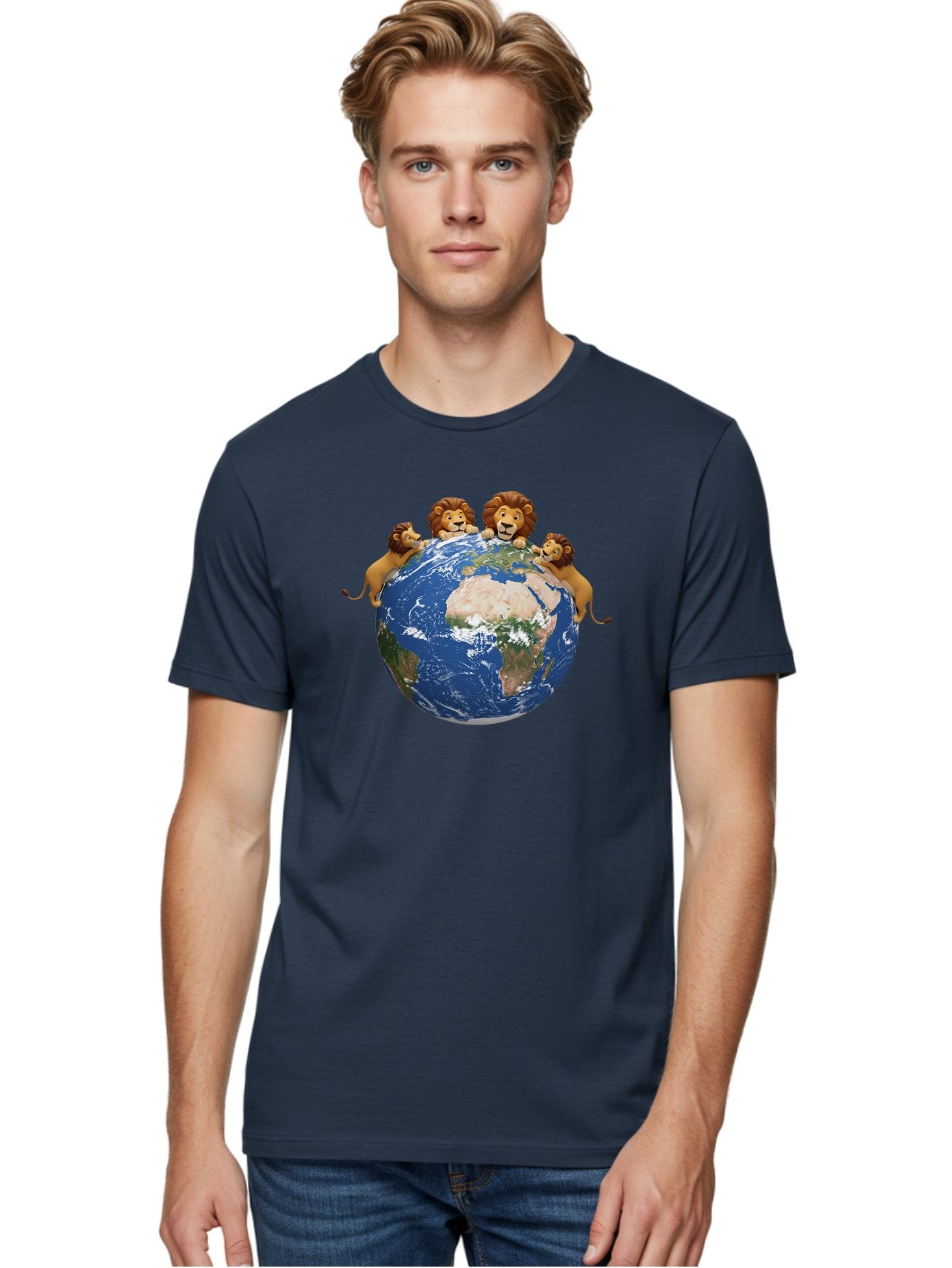 4-Lions-Holding-Globe Men'S Graphic Tee, 100% Cotton, Comfortable Casual Summer Wear, Machine Washable, Lions Holding The World, Global Unity, Conservation Efforts, Wildlife Protection, Earth, Lions Together, Global Awareness Baa056 26