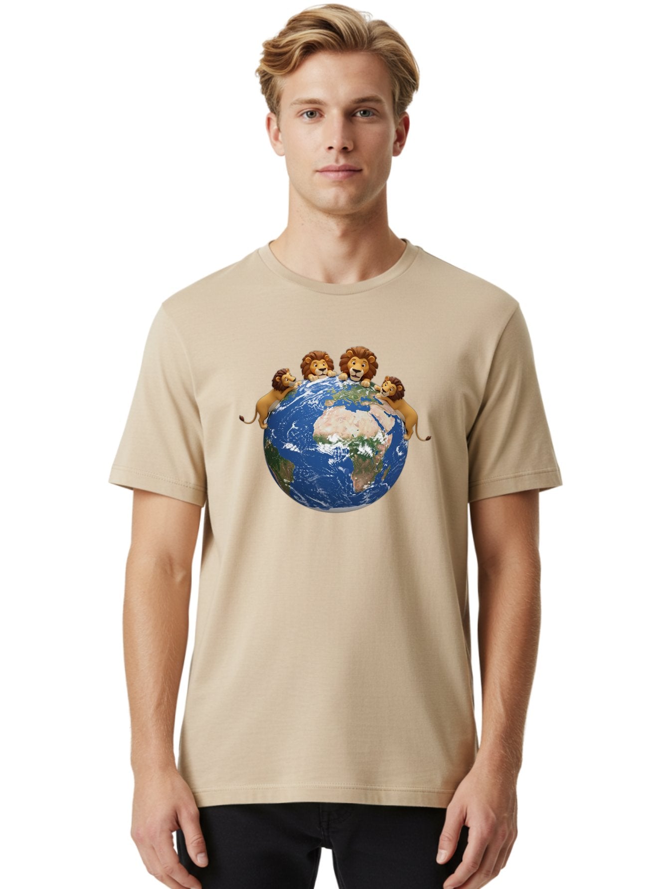 4-Lions-Holding-Globe Men'S Graphic Tee, 100% Cotton, Comfortable Casual Summer Wear, Machine Washable, Lions Holding The World, Global Unity, Conservation Efforts, Wildlife Protection, Earth, Lions Together, Global Awareness Baa056 27