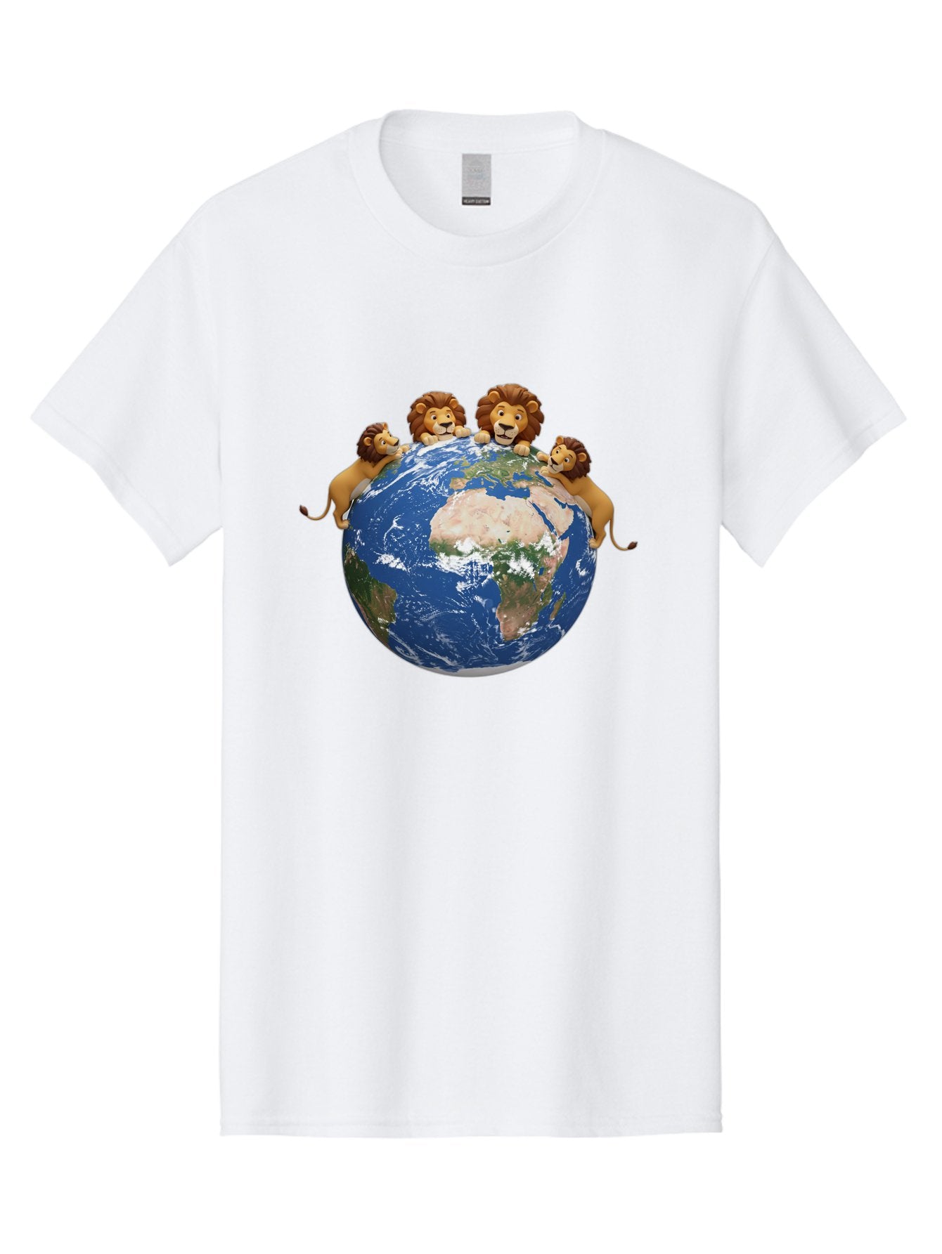 4-Lions-Holding-Globe Men'S Graphic Tee, 100% Cotton, Comfortable Casual Summer Wear, Machine Washable, Lions Holding The World, Global Unity, Conservation Efforts, Wildlife Protection, Earth, Lions Together, Global Awareness Baa056