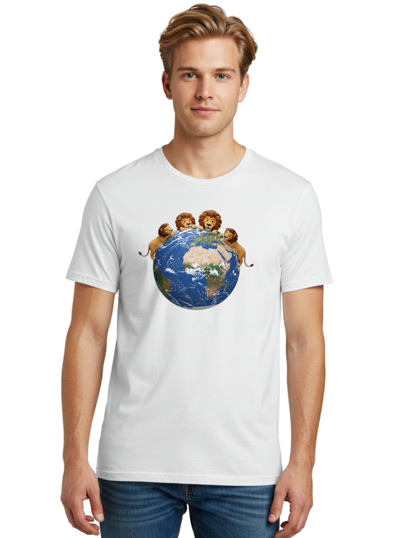 4-Lions-Holding-Globe Men'S Graphic Tee, 100% Cotton, Comfortable Casual Summer Wear, Machine Washable, Lions Holding The World, Global Unity, Conservation Efforts, Wildlife Protection, Earth, Lions Together, Global Awareness Baa056 21