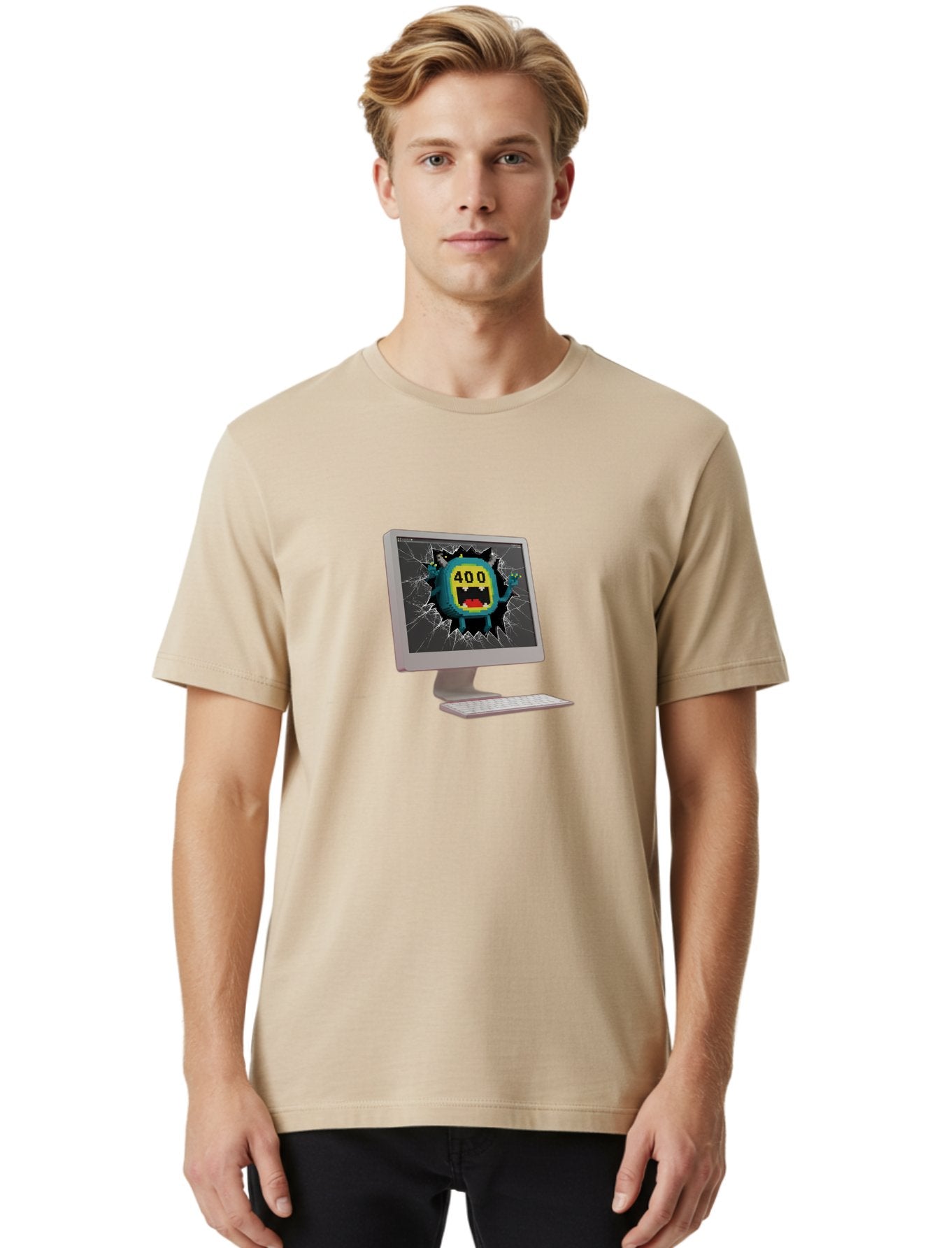400-Error Men'S Graphic Tee, 100% Cotton, Comfortable Casual Summer Wear, Machine Washable, Error Message, Broken Screen, 400 Bad Request, Cartoon Monster, Cracked Glass, Digital Glitch, Frustrated User, Humorous Illustration, Baa057 22