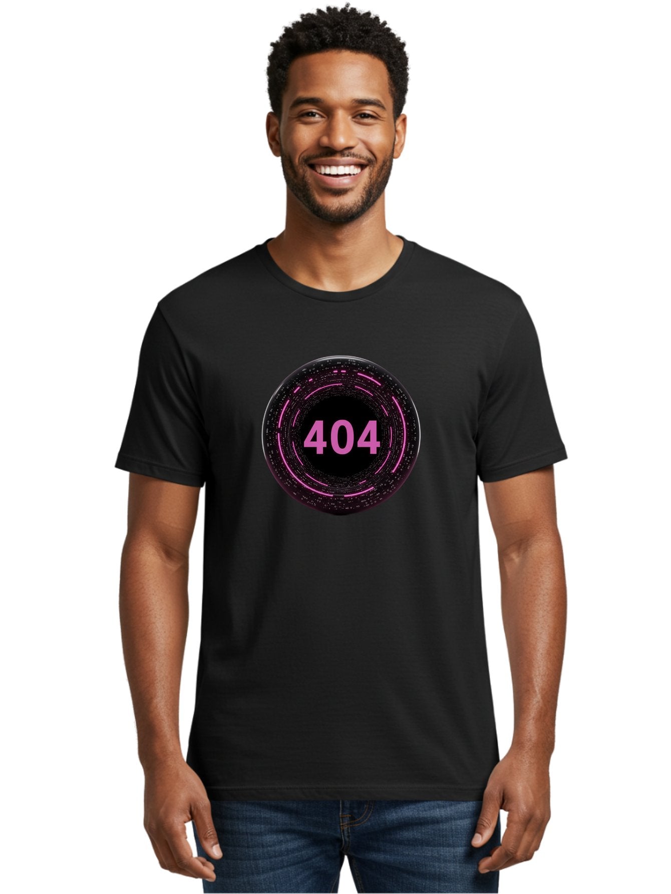 404-3 Men'S Graphic Tee, 100% Cotton, Comfortable Casual Summer Wear, Machine Washable, 404 Error, Page Not Found, Digital Glitch, Pink Neon, Futuristic Design, Cyberpunk Aesthetic, Error Message, Circular Pattern, Binary Code, Website Error Baa060 28