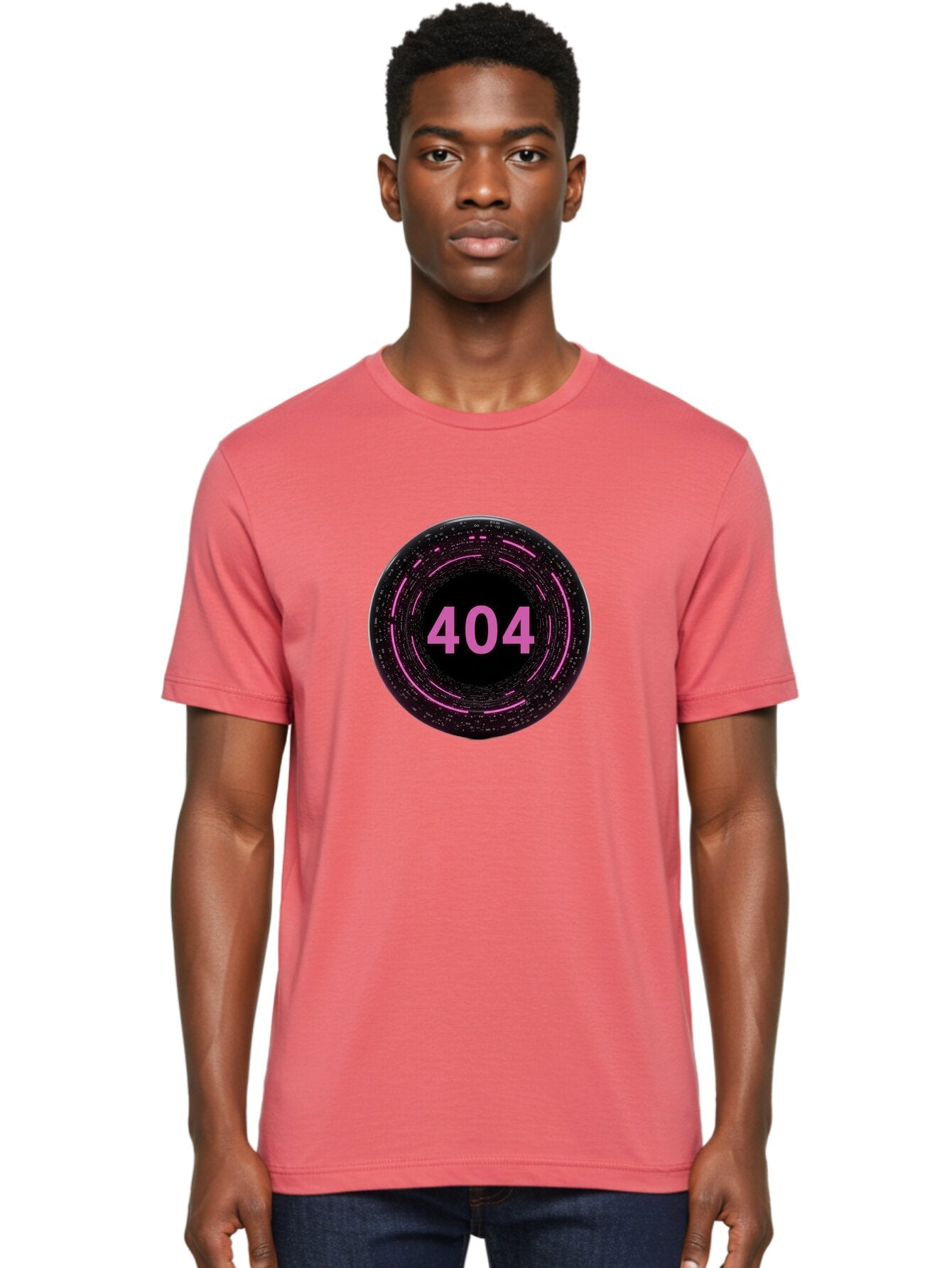 404-3 Men'S Graphic Tee, 100% Cotton, Comfortable Casual Summer Wear, Machine Washable, 404 Error, Page Not Found, Digital Glitch, Pink Neon, Futuristic Design, Cyberpunk Aesthetic, Error Message, Circular Pattern, Binary Code, Website Error Baa060 18