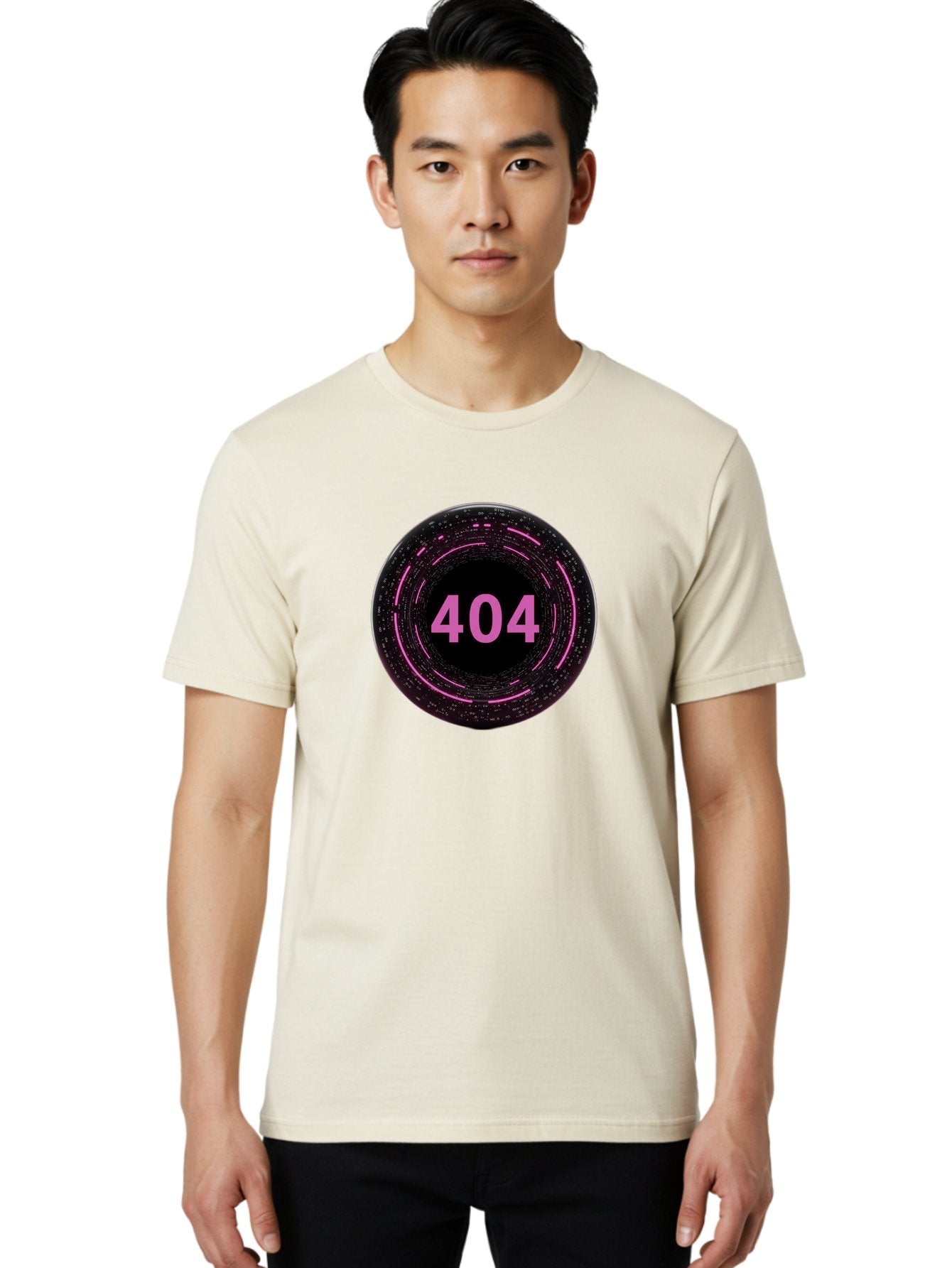 404-3 Men'S Graphic Tee, 100% Cotton, Comfortable Casual Summer Wear, Machine Washable, 404 Error, Page Not Found, Digital Glitch, Pink Neon, Futuristic Design, Cyberpunk Aesthetic, Error Message, Circular Pattern, Binary Code, Website Error Baa060 23
