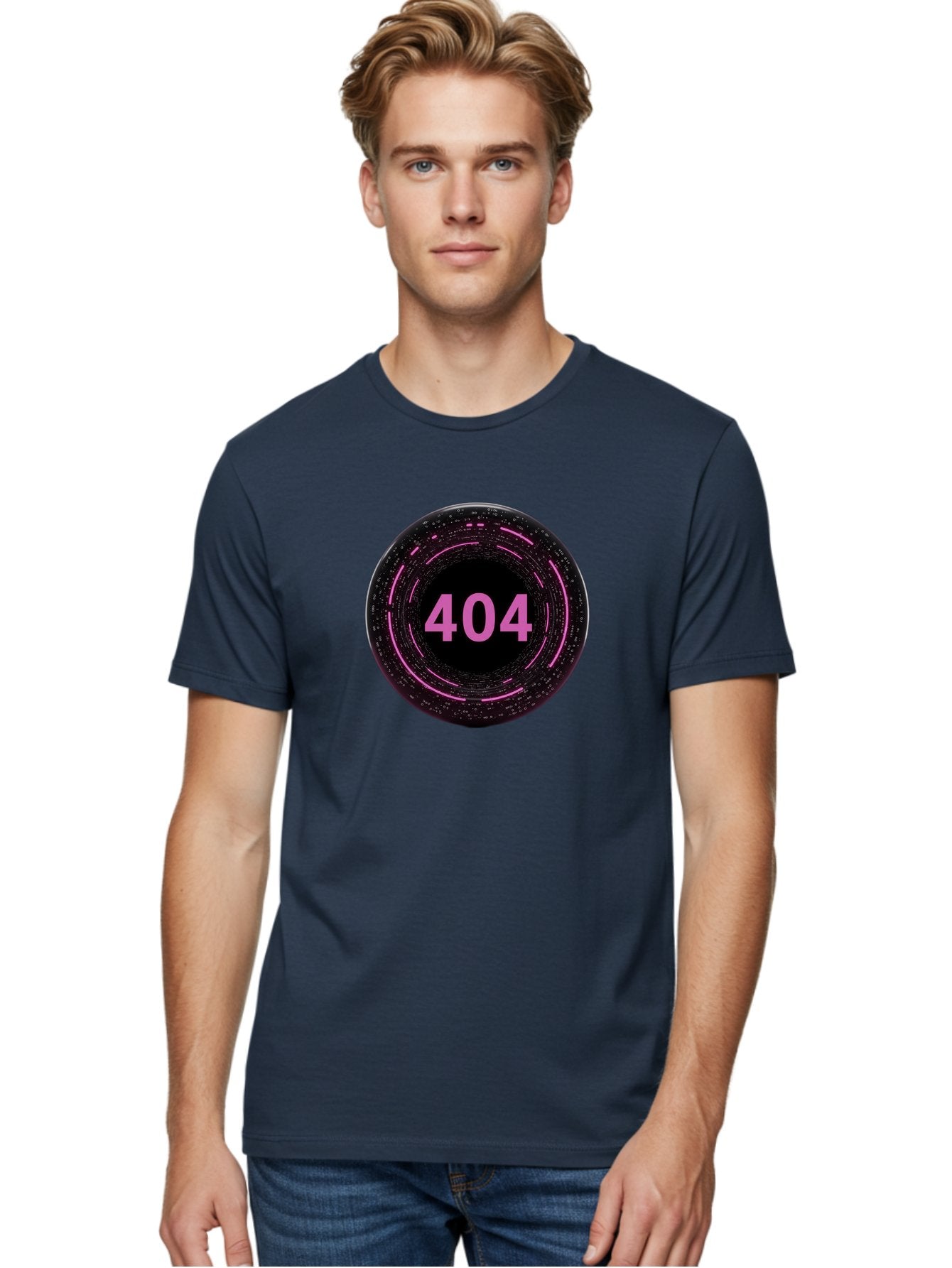 404-3 Men'S Graphic Tee, 100% Cotton, Comfortable Casual Summer Wear, Machine Washable, 404 Error, Page Not Found, Digital Glitch, Pink Neon, Futuristic Design, Cyberpunk Aesthetic, Error Message, Circular Pattern, Binary Code, Website Error Baa060 17