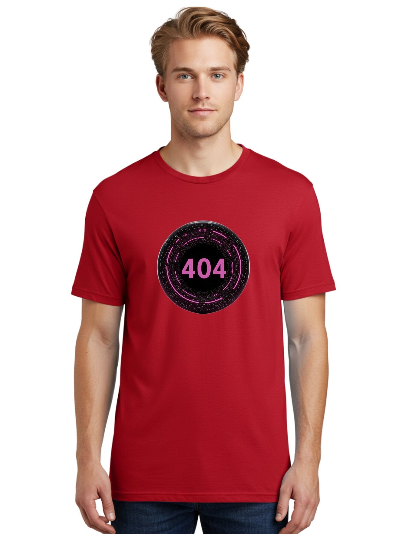 404-3 Men'S Graphic Tee, 100% Cotton, Comfortable Casual Summer Wear, Machine Washable, 404 Error, Page Not Found, Digital Glitch, Pink Neon, Futuristic Design, Cyberpunk Aesthetic, Error Message, Circular Pattern, Binary Code, Website Error Baa060 21