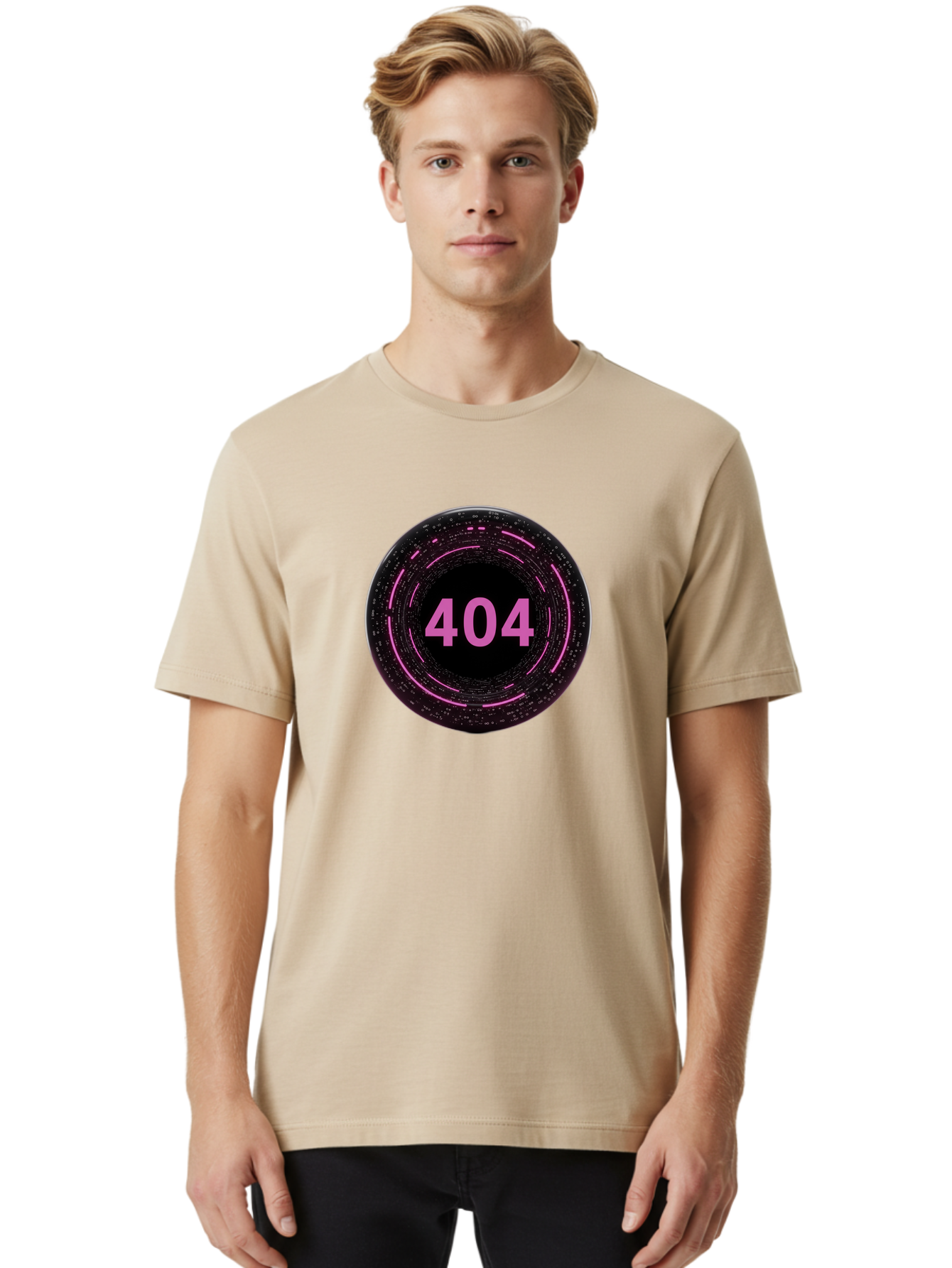 404-3 Men'S Graphic Tee, 100% Cotton, Comfortable Casual Summer Wear, Machine Washable, 404 Error, Page Not Found, Digital Glitch, Pink Neon, Futuristic Design, Cyberpunk Aesthetic, Error Message, Circular Pattern, Binary Code, Website Error Baa060