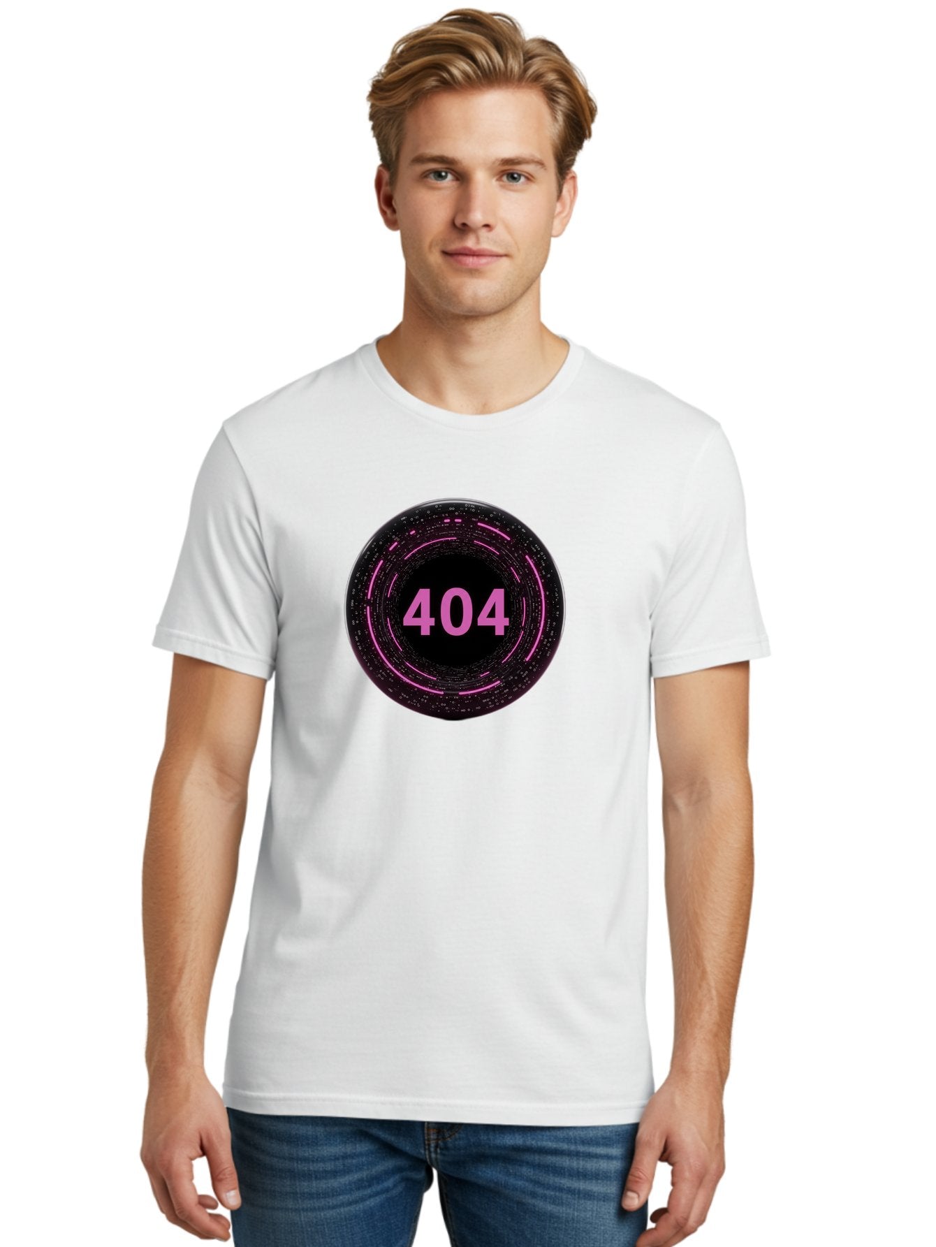 404-3 Men'S Graphic Tee, 100% Cotton, Comfortable Casual Summer Wear, Machine Washable, 404 Error, Page Not Found, Digital Glitch, Pink Neon, Futuristic Design, Cyberpunk Aesthetic, Error Message, Circular Pattern, Binary Code, Website Error Baa060 16