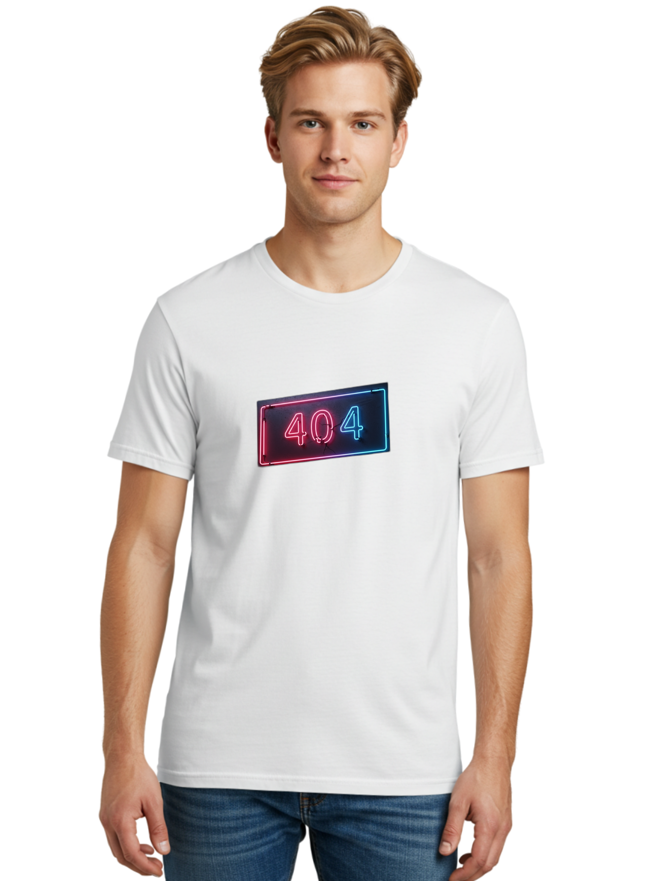 404-4 Men'S Graphic Tee, 100% Cotton, Comfortable Casual Summer Wear, Machine Washable, 404 Error Sign, Neon Sign, Red And Blue Neon, Glowing Numbers, Page Not Found, Error Message, Digital Signage Baa061