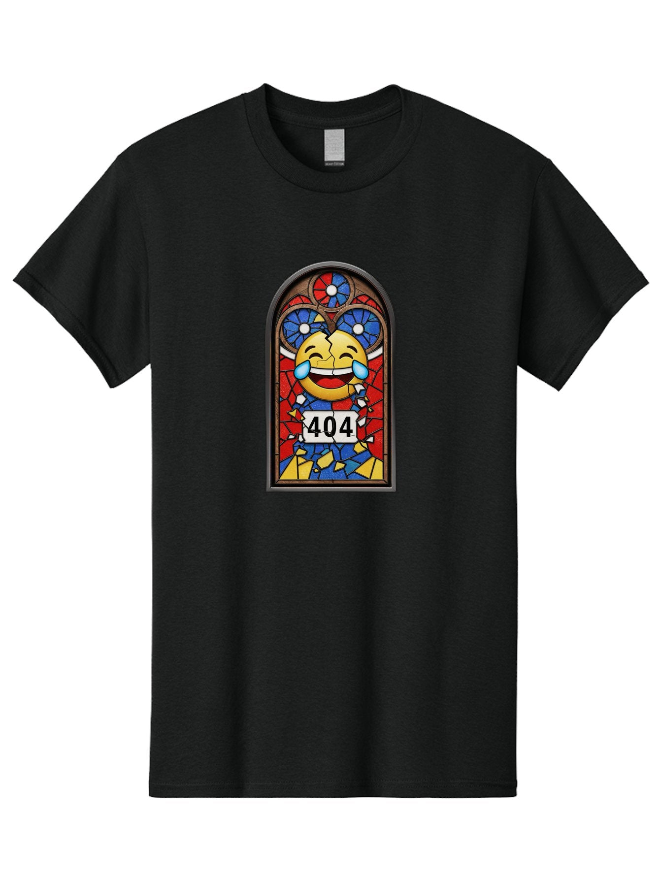 404-Emoji-Stained-Glass Men'S Graphic Tee, 100% Cotton, Comfortable Casual Summer Wear, Machine Washable, Stained Glass Window, Crying Laughing Emoji, Broken Glass, 404 Error, Humorous Design, Playful Art, Digital Illustration, Baa070 9