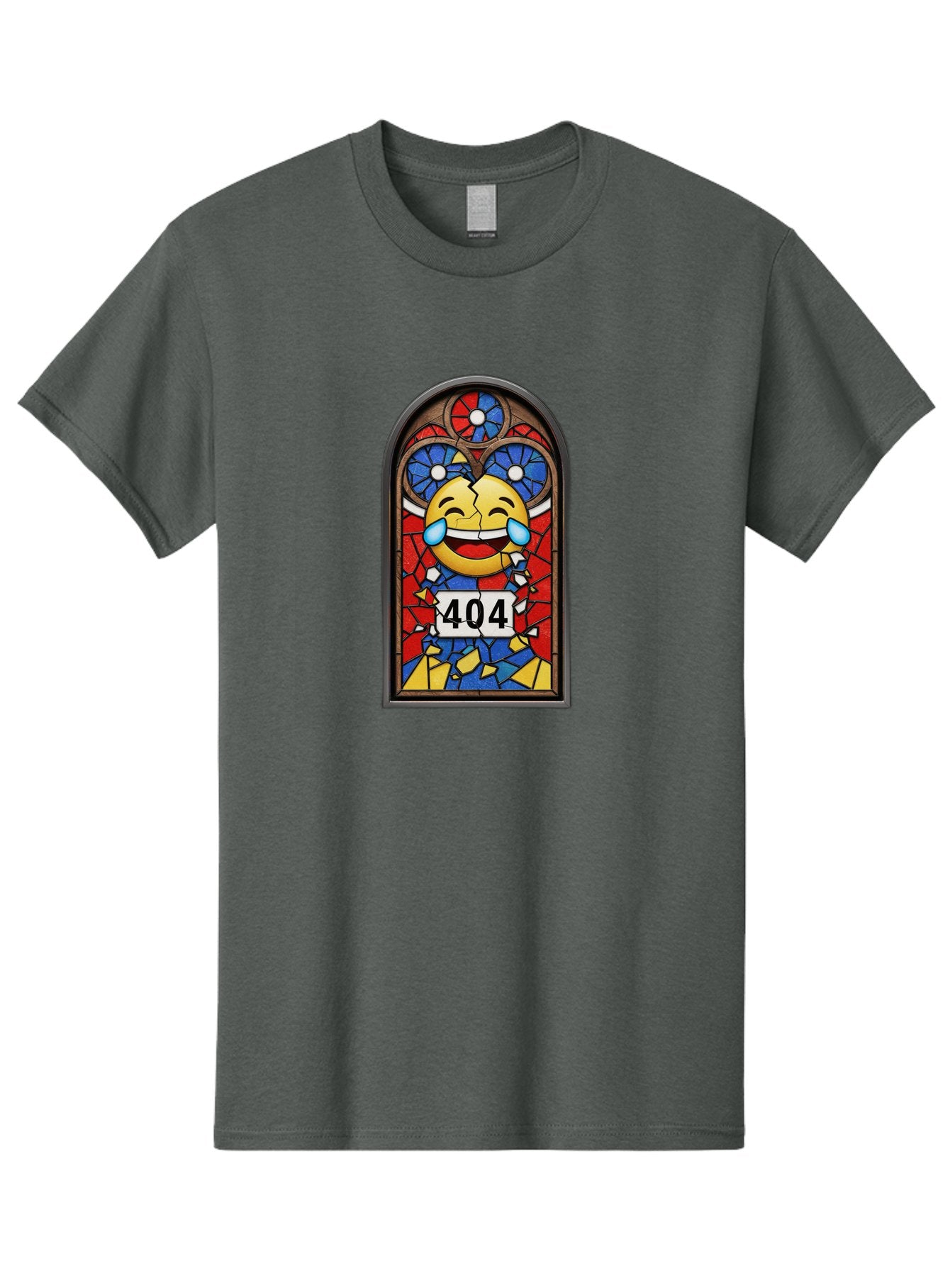 404-Emoji-Stained-Glass Men'S Graphic Tee, 100% Cotton, Comfortable Casual Summer Wear, Machine Washable, Stained Glass Window, Crying Laughing Emoji, Broken Glass, 404 Error, Humorous Design, Playful Art, Digital Illustration, Baa070 8