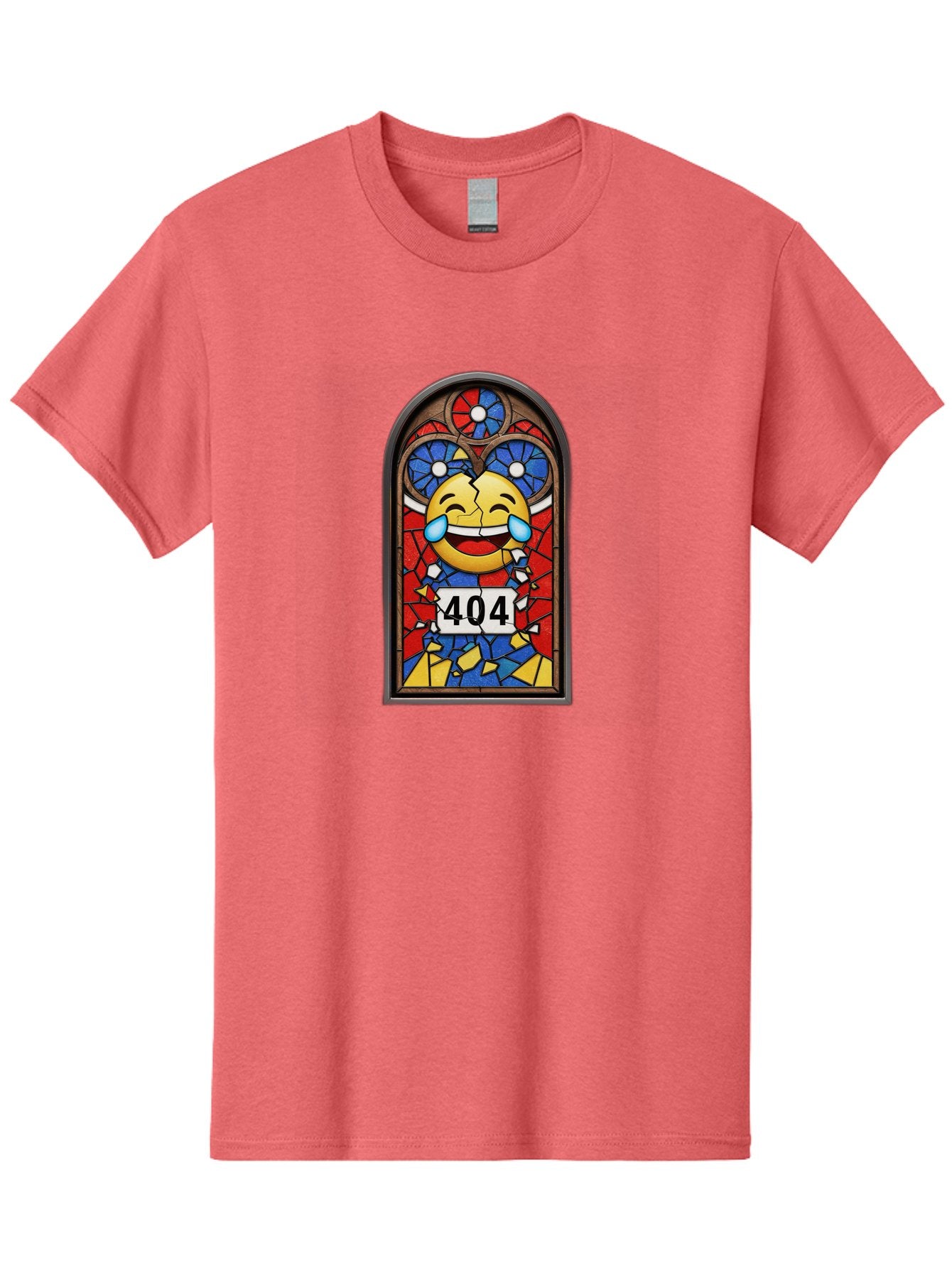 404-Emoji-Stained-Glass Men'S Graphic Tee, 100% Cotton, Comfortable Casual Summer Wear, Machine Washable, Stained Glass Window, Crying Laughing Emoji, Broken Glass, 404 Error, Humorous Design, Playful Art, Digital Illustration, Baa070 11