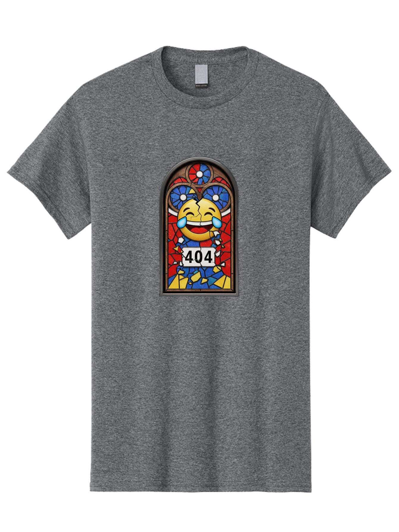 404-Emoji-Stained-Glass Men'S Graphic Tee, 100% Cotton, Comfortable Casual Summer Wear, Machine Washable, Stained Glass Window, Crying Laughing Emoji, Broken Glass, 404 Error, Humorous Design, Playful Art, Digital Illustration, Baa070 14