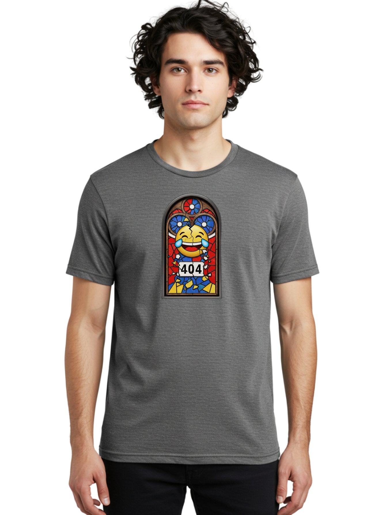 404-Emoji-Stained-Glass Men'S Graphic Tee, 100% Cotton, Comfortable Casual Summer Wear, Machine Washable, Stained Glass Window, Crying Laughing Emoji, Broken Glass, 404 Error, Humorous Design, Playful Art, Digital Illustration, Baa070 29