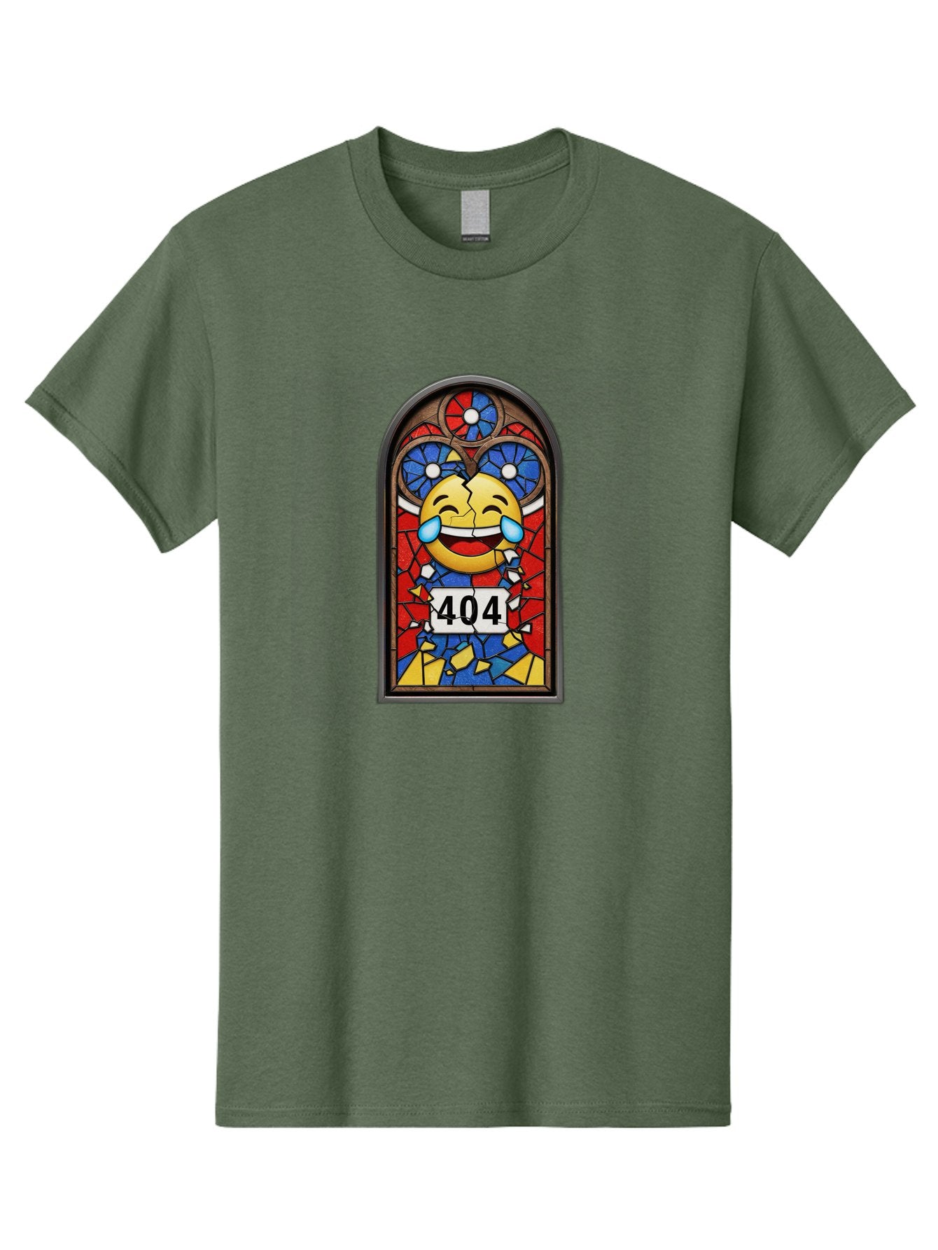 404-Emoji-Stained-Glass Men'S Graphic Tee, 100% Cotton, Comfortable Casual Summer Wear, Machine Washable, Stained Glass Window, Crying Laughing Emoji, Broken Glass, 404 Error, Humorous Design, Playful Art, Digital Illustration, Baa070 10