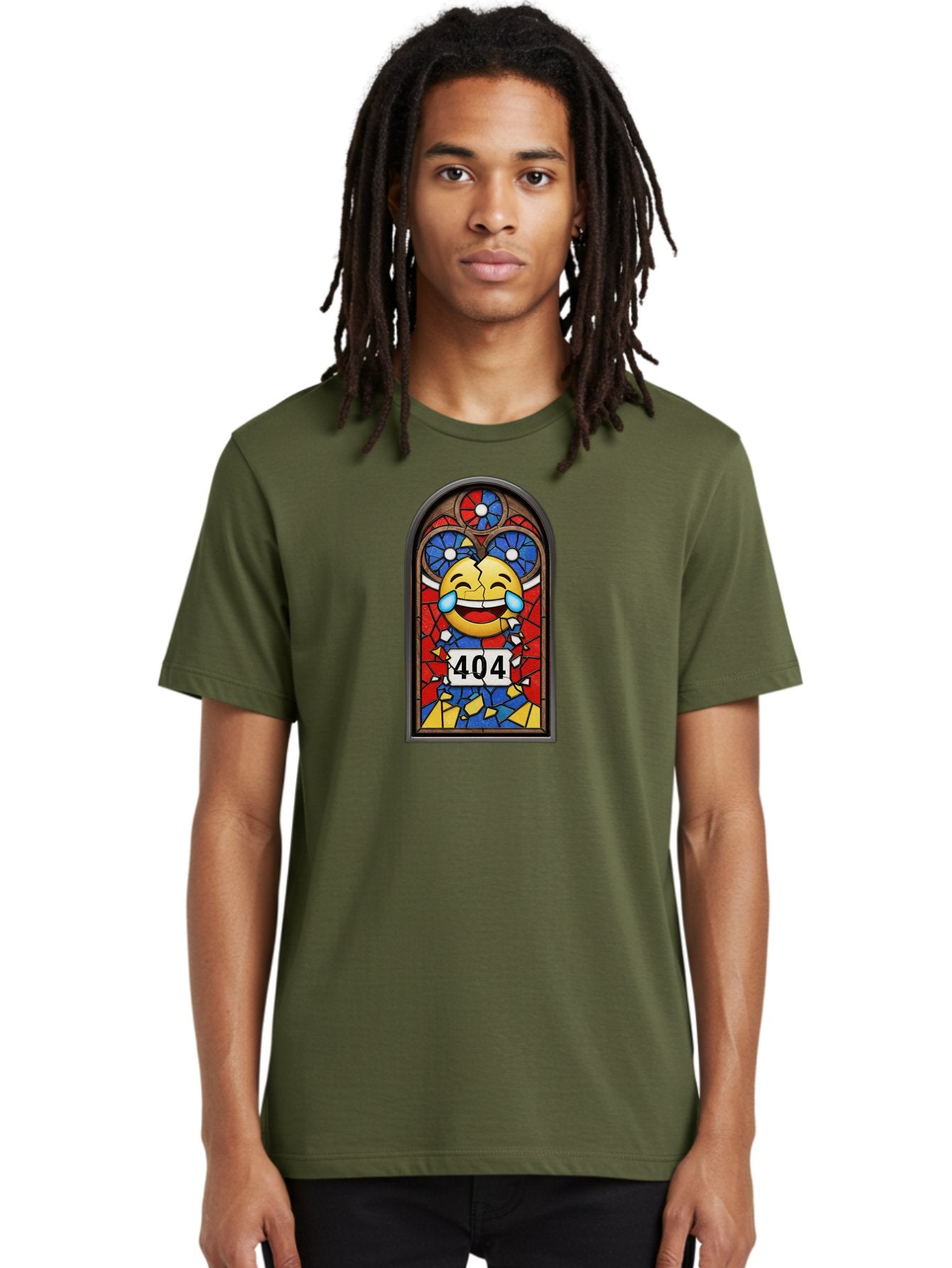 404-Emoji-Stained-Glass Men'S Graphic Tee, 100% Cotton, Comfortable Casual Summer Wear, Machine Washable, Stained Glass Window, Crying Laughing Emoji, Broken Glass, 404 Error, Humorous Design, Playful Art, Digital Illustration, Baa070 17