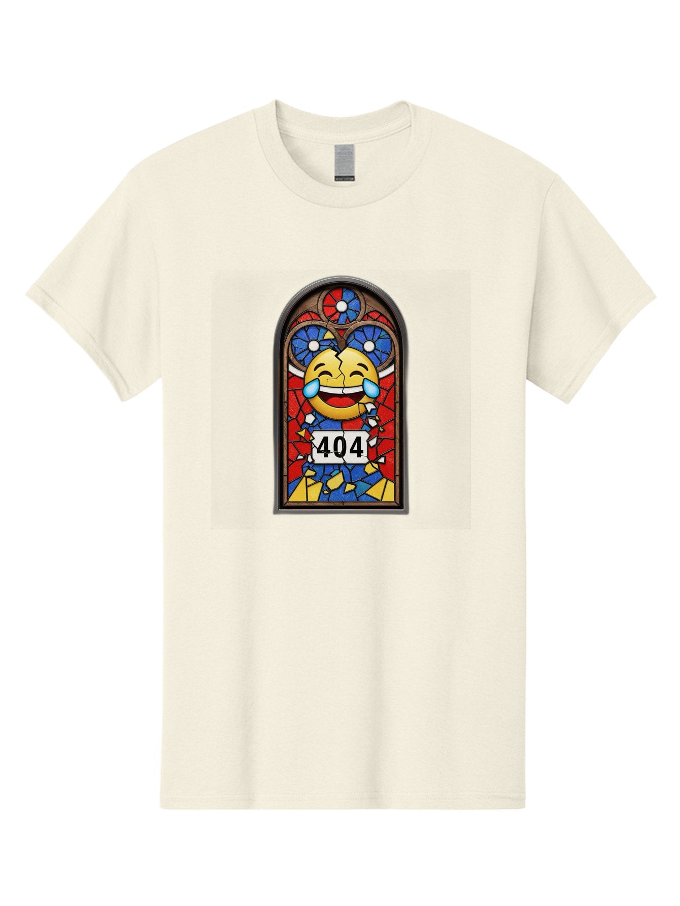 404-Emoji-Stained-Glass Men'S Graphic Tee, 100% Cotton, Comfortable Casual Summer Wear, Machine Washable, Stained Glass Window, Crying Laughing Emoji, Broken Glass, 404 Error, Humorous Design, Playful Art, Digital Illustration, Baa070