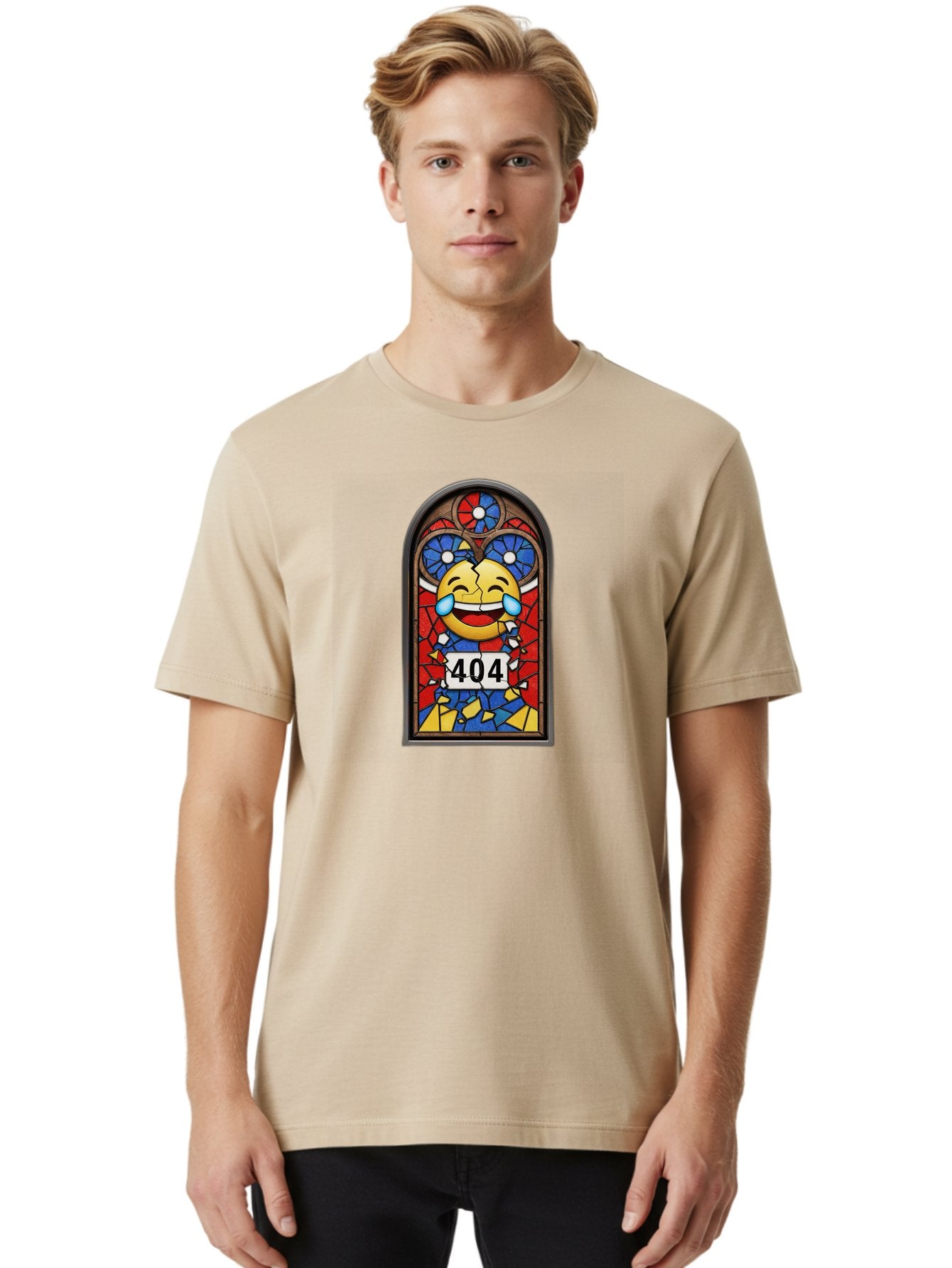 404-Emoji-Stained-Glass Men'S Graphic Tee, 100% Cotton, Comfortable Casual Summer Wear, Machine Washable, Stained Glass Window, Crying Laughing Emoji, Broken Glass, 404 Error, Humorous Design, Playful Art, Digital Illustration, Baa070 18